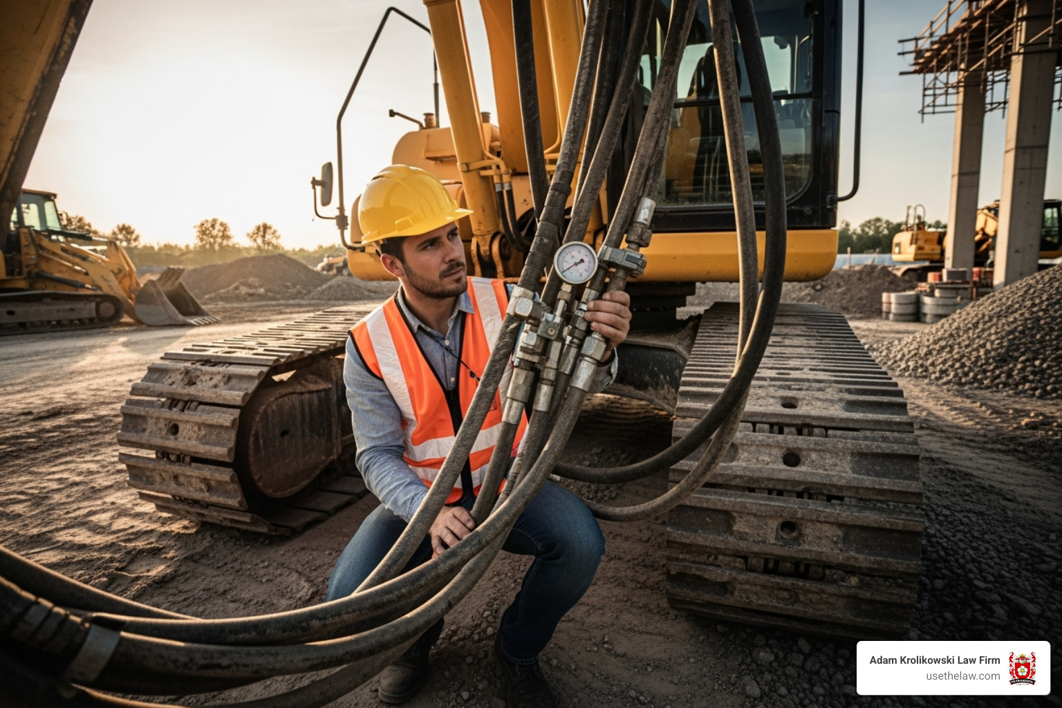 Safety inspector checking hydraulic lines on an excavator - Heavy equipment accident