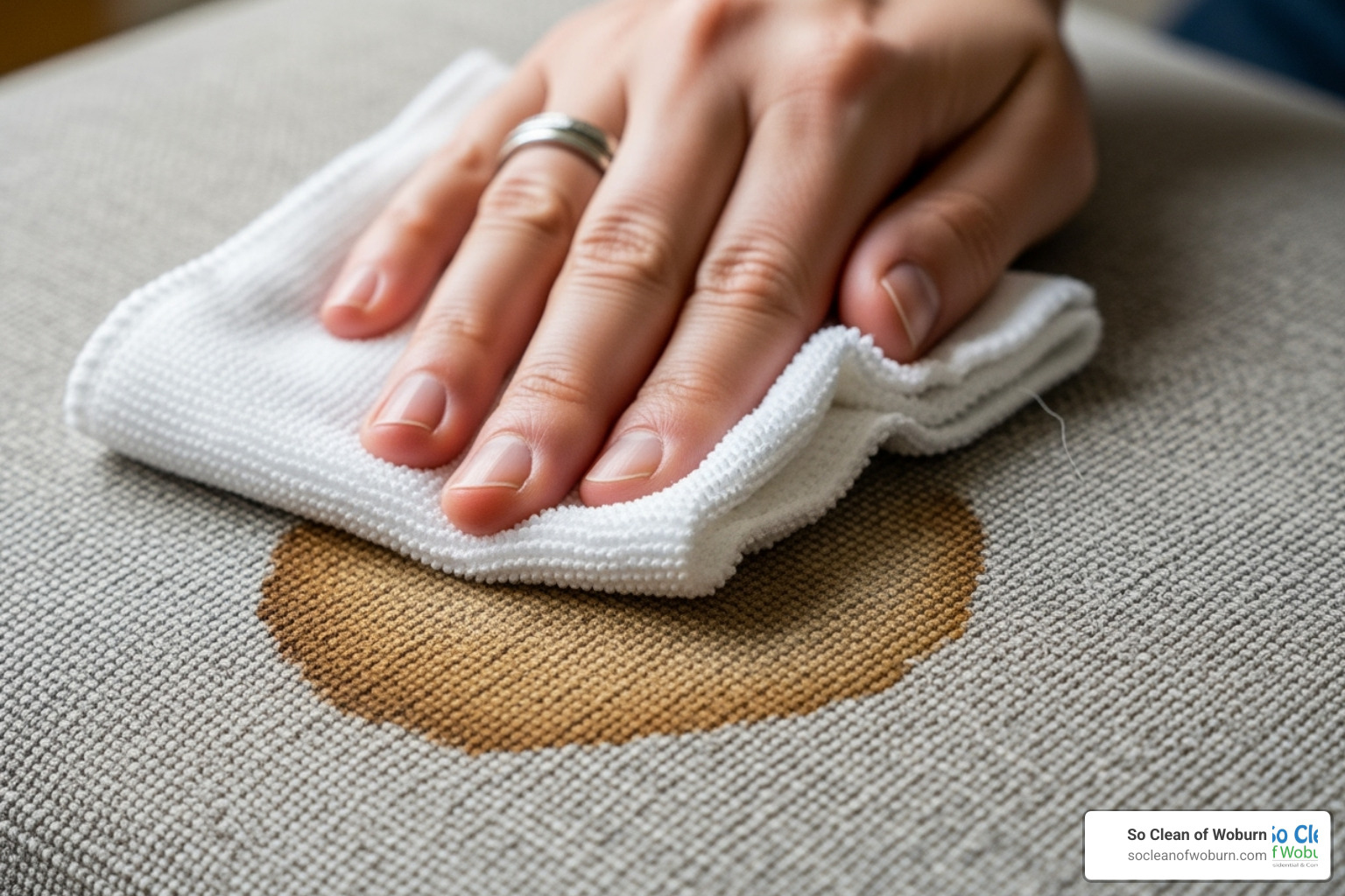 Coffee stain being blotted from a cushion - best natural upholstery cleaner