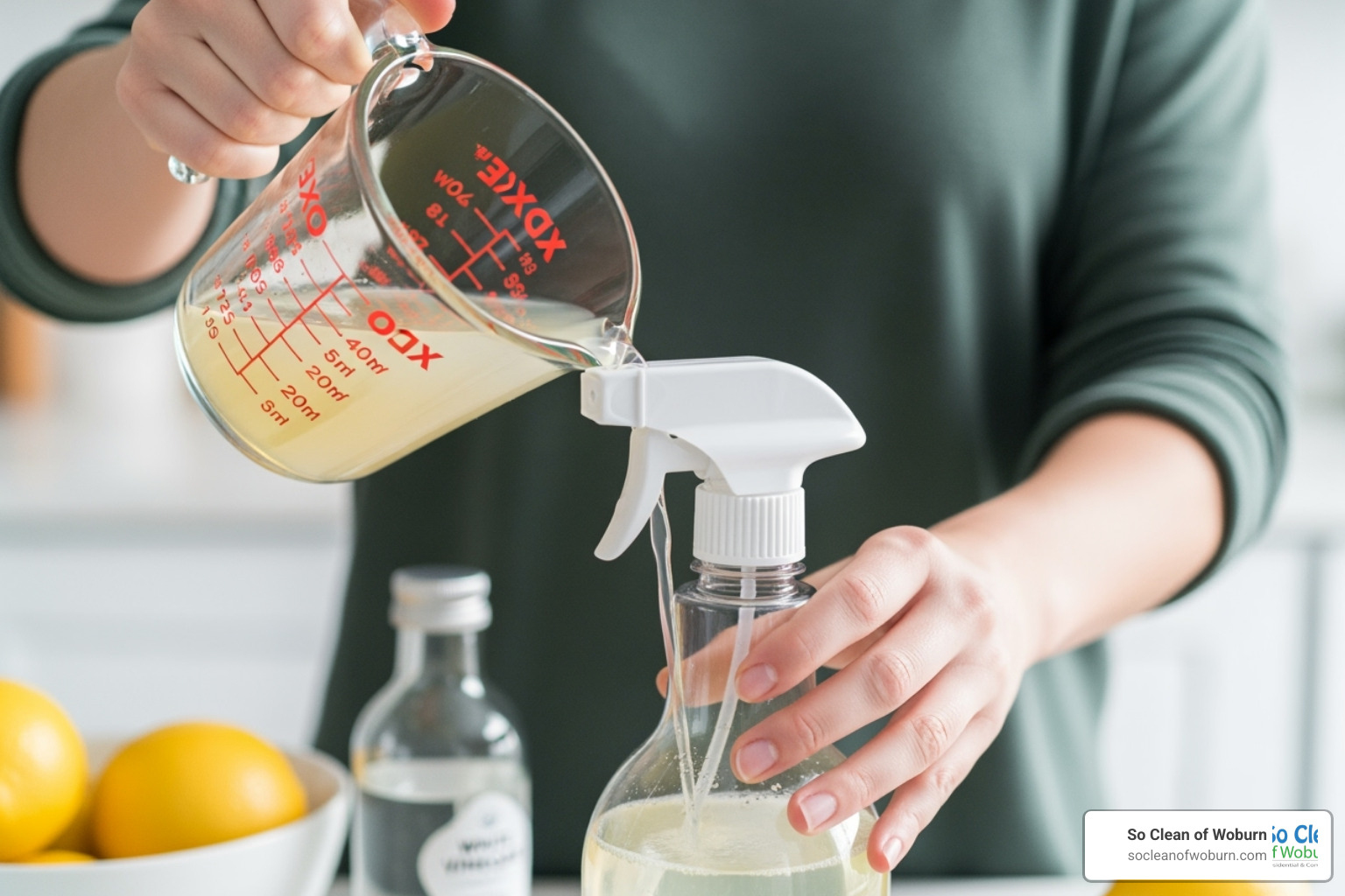 Someone mixing a DIY cleaner in a spray bottle - best natural upholstery cleaner