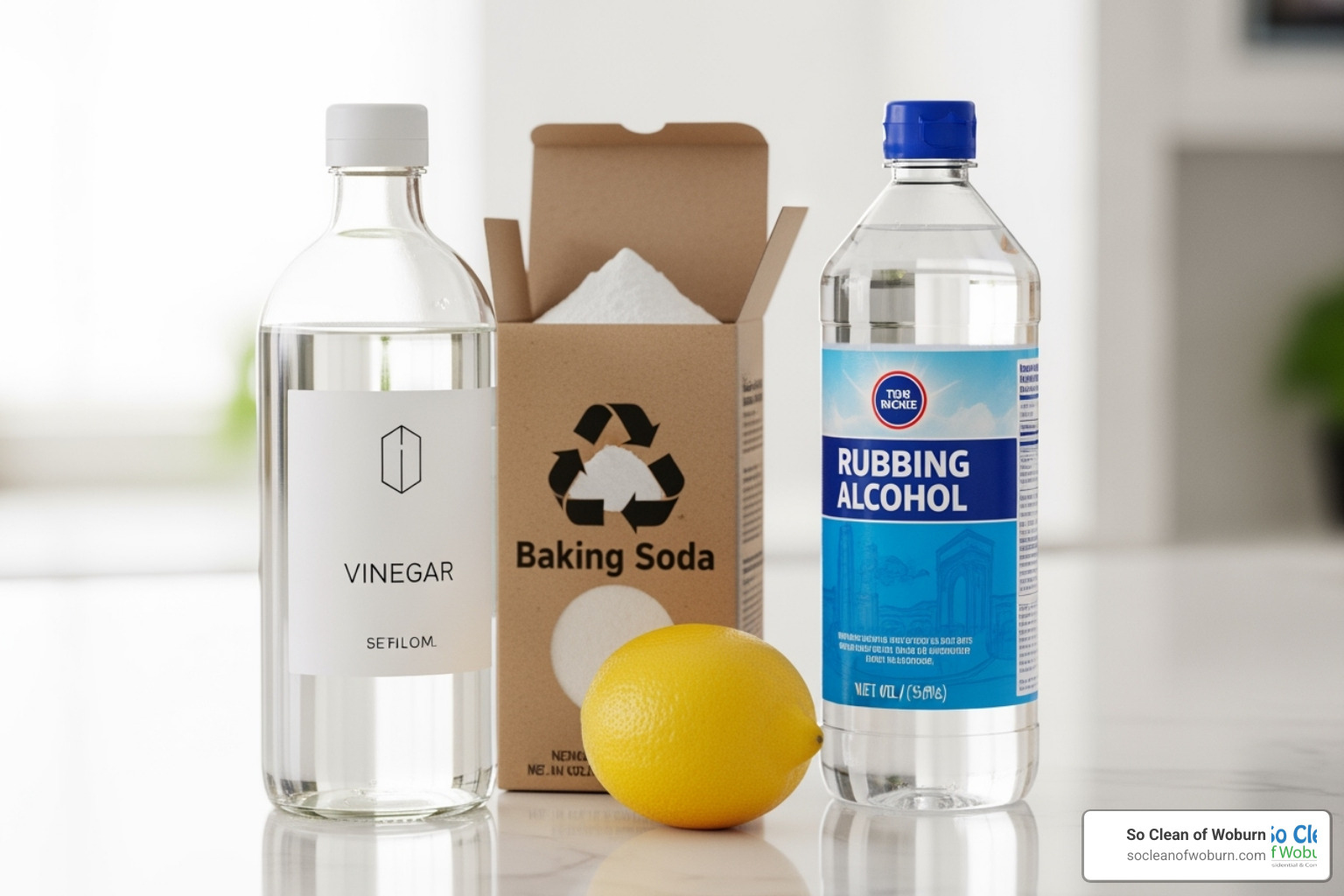 Key natural ingredients like a bottle of white vinegar, a box of baking soda, a lemon, and rubbing alcohol arranged neatly - best natural upholstery cleaner