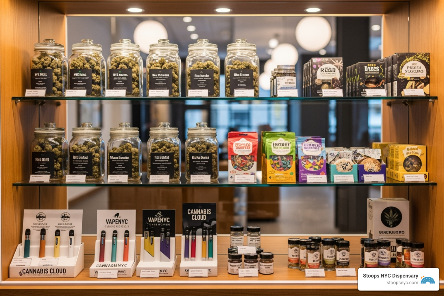 curated display of various cannabis products - cannabis shop NYC
