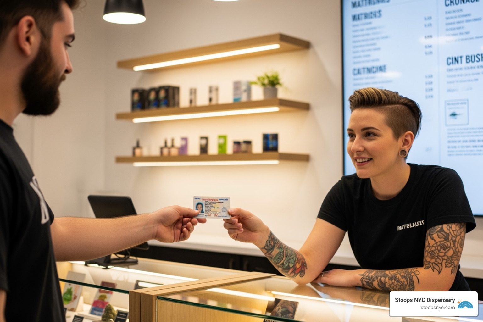 person showing ID to budtender - cannabis shop NYC