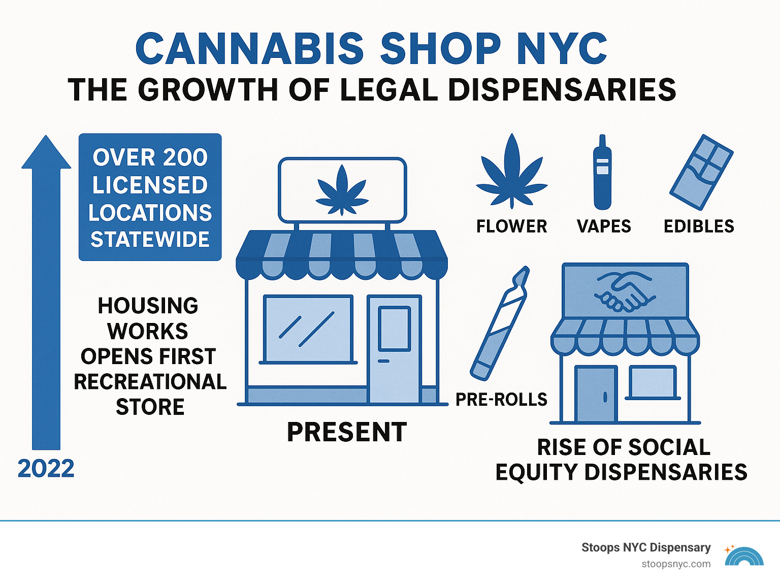 Infographic showing the growth of legal cannabis dispensaries in NYC from 2022 to present, featuring key milestones such as the launch of the first recreational store, the expansion to over 200 licensed locations statewide, popular product categories, and the rise of social equity dispensaries - cannabis shop NYC infographic