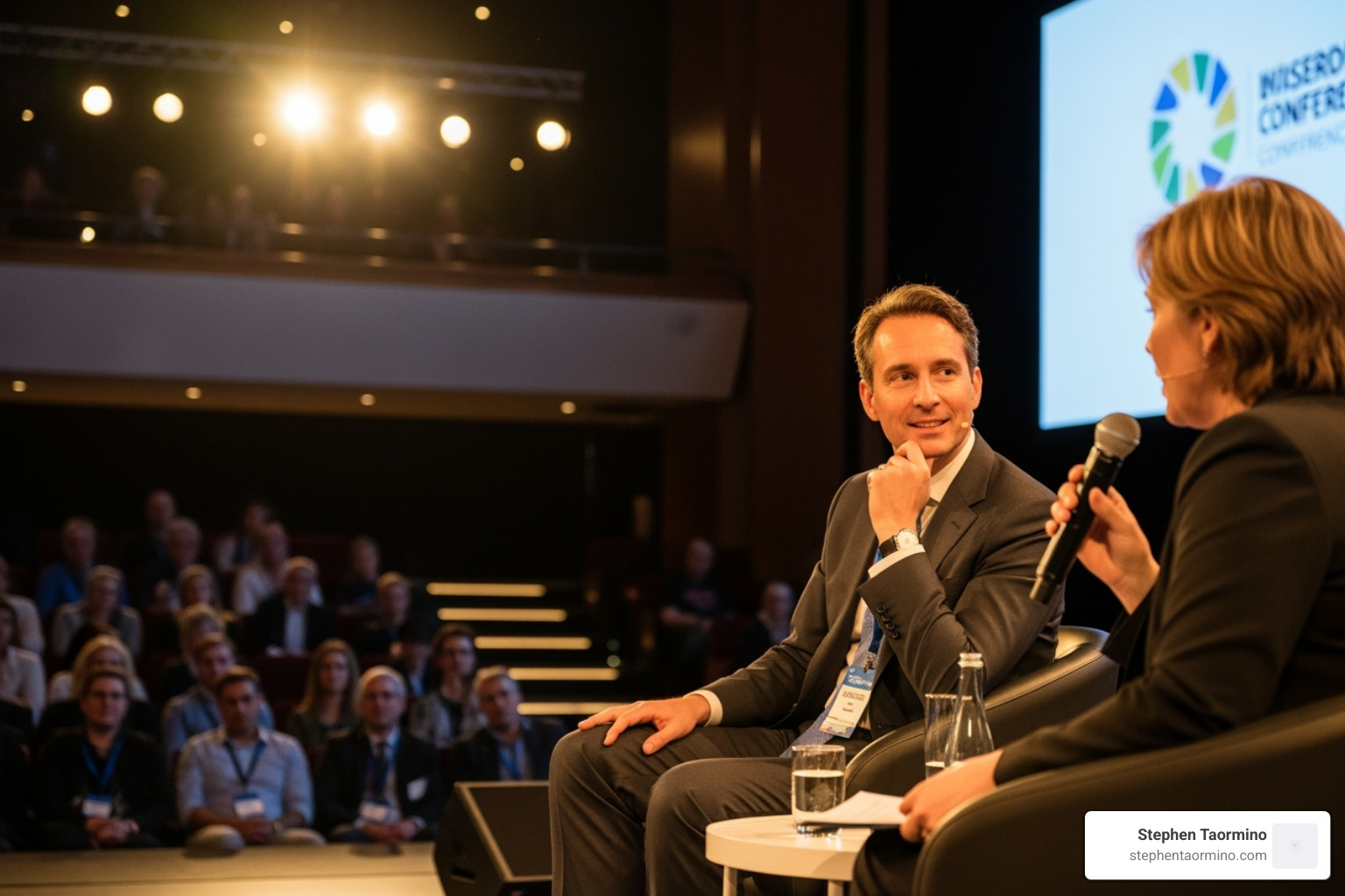 Moderator actively listening to a panelist, with the audience engaged in the background - moderator panel discussion tips