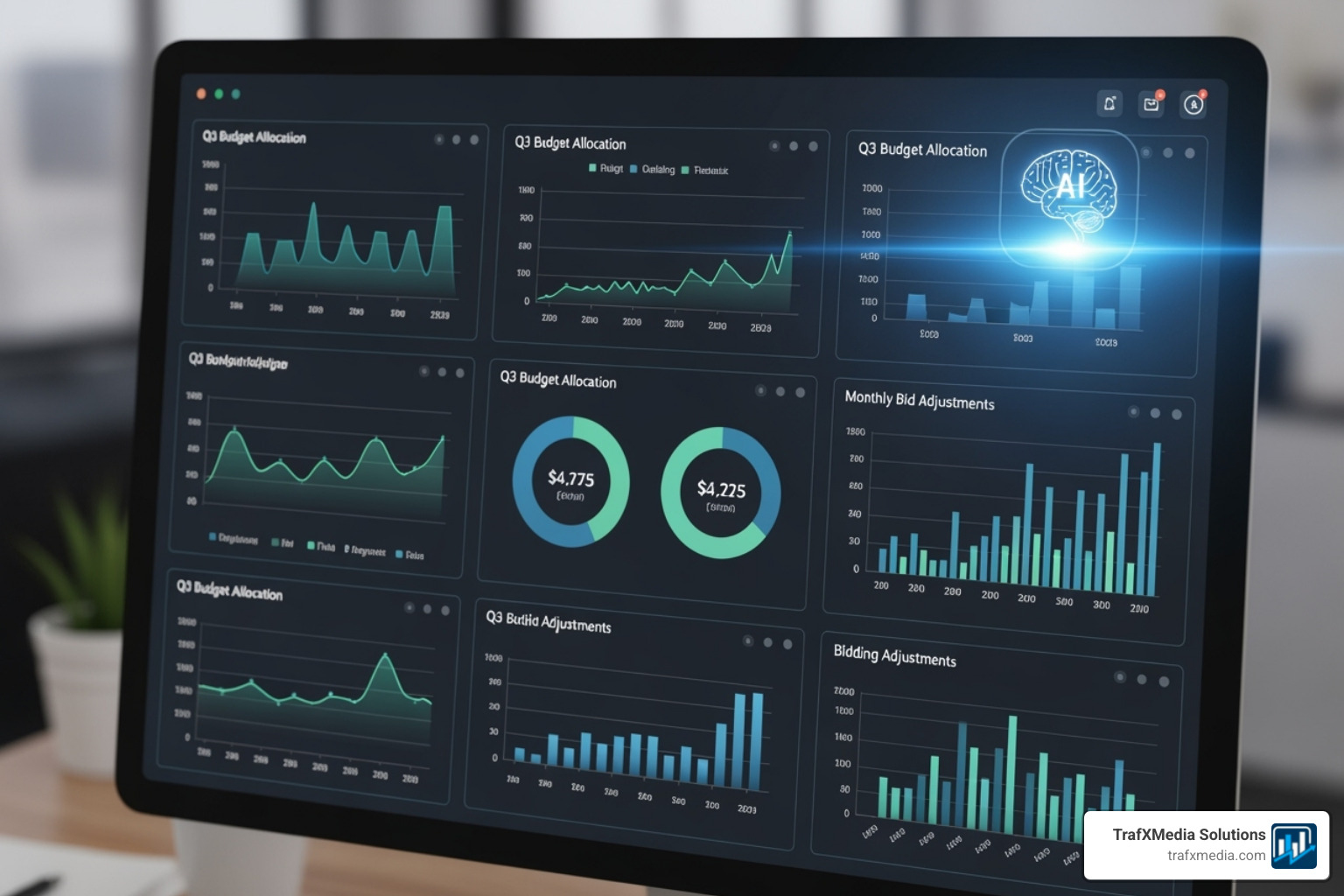 A dashboard showing budget allocation and bidding adjustments, with an overlay of an AI-powered icon - Google ads for education