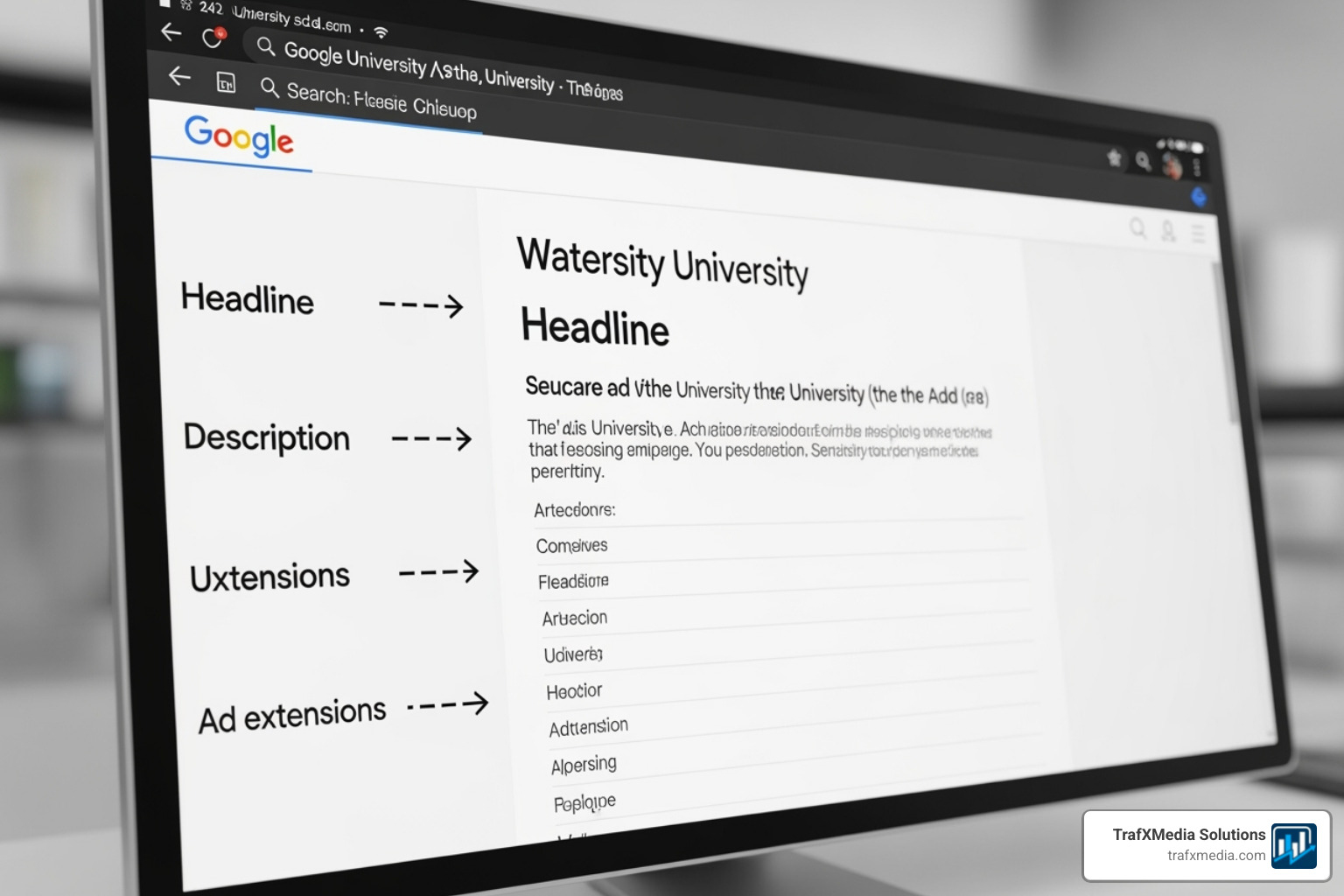 A sample Google Search ad for a university, with callouts highlighting the compelling headline, description, and various ad extensions - Google ads for education