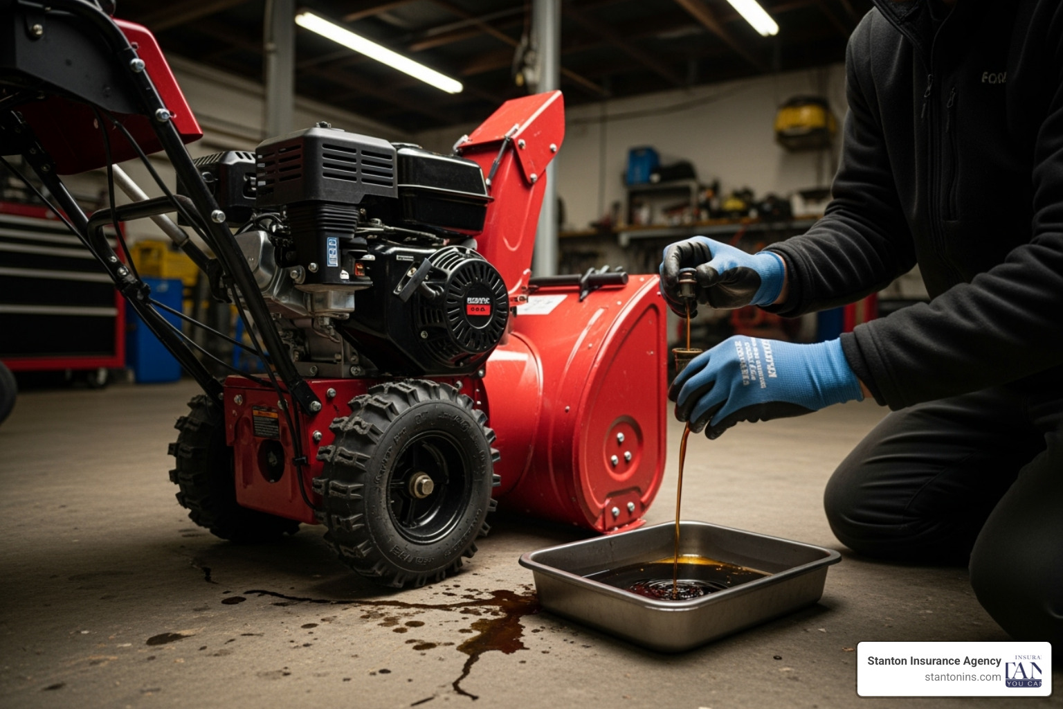 person draining oil from snow blower - Snow blower maintenance tips