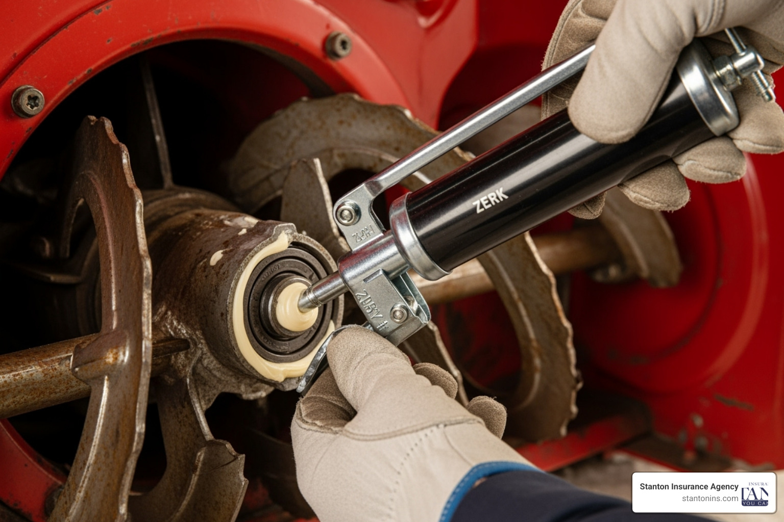person applying grease to auger shaft - Snow blower maintenance tips