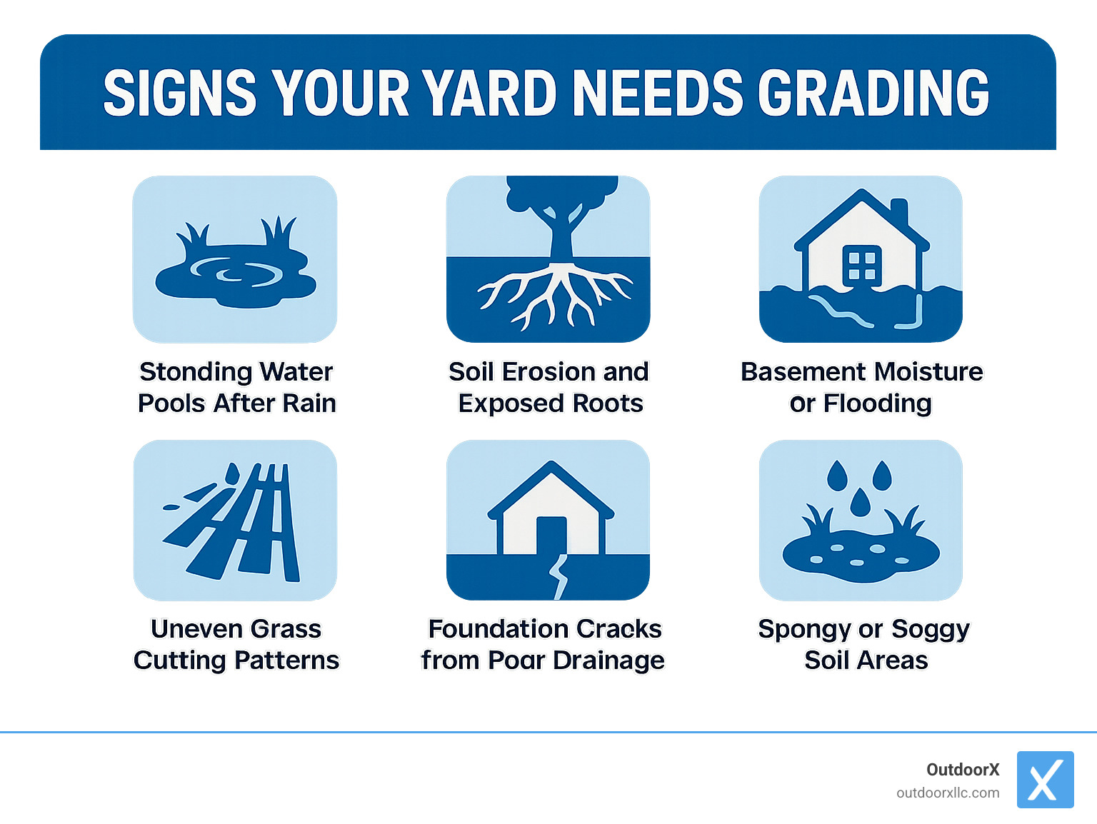 Infographic showing signs your yard needs grading: standing water pools after rain, soil erosion and exposed roots, uneven grass cutting patterns, basement moisture or flooding, foundation cracks from poor drainage, and spongy or soggy soil areas - landscape grading contractors near me infographic Infographic showing signs your yard needs grading: standing water pools after rain, soil erosion and exposed roots, uneven grass cutting patterns, basement moisture or flooding, foundation cracks from poor drainage, and spongy or soggy soil areas - landscape grading contractors near me infographic