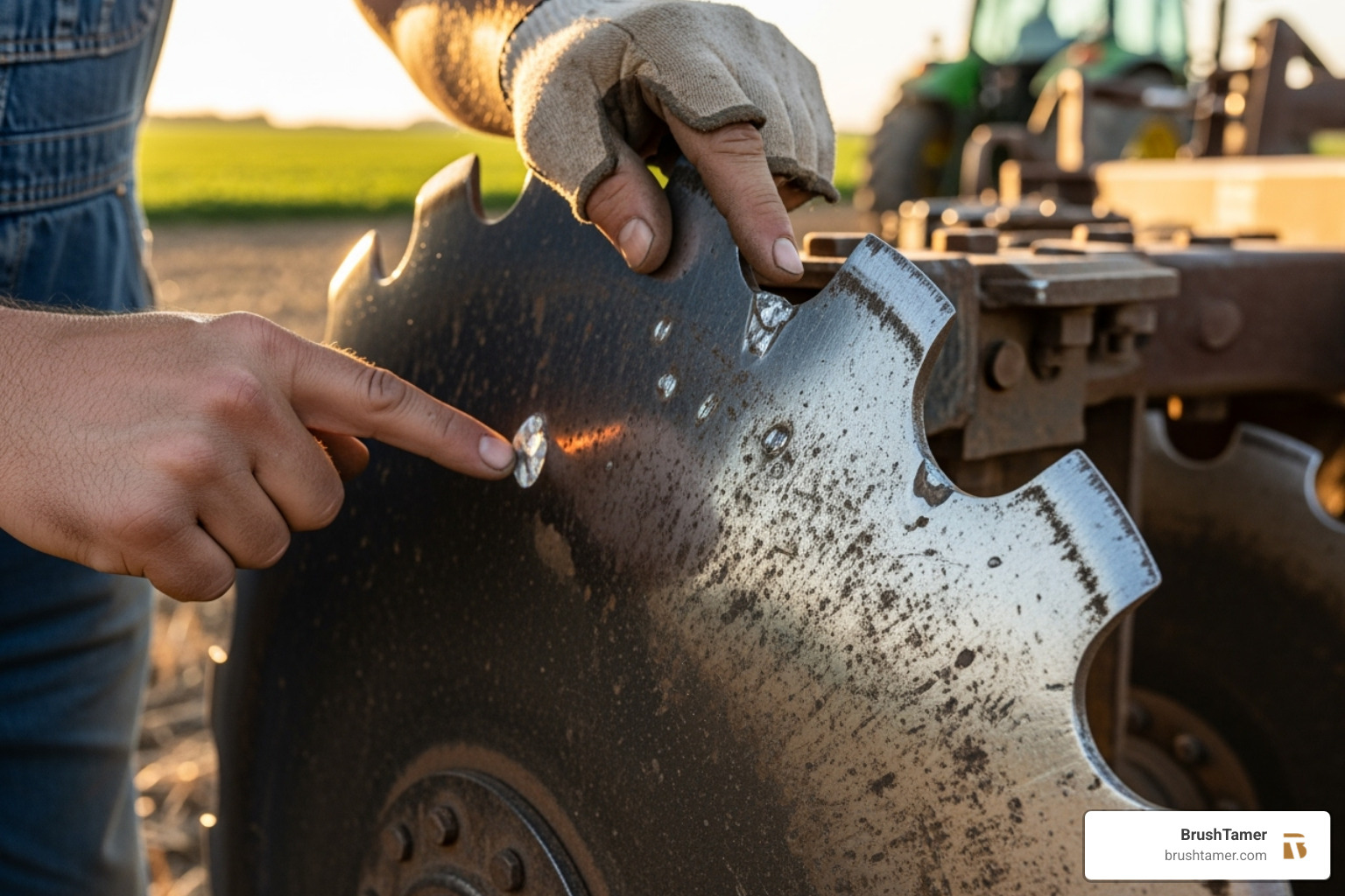 A person inspects the cutting edge of a plow disc for signs of wear and damage - plow disc A person inspects the cutting edge of a plow disc for signs of wear and damage - plow disc