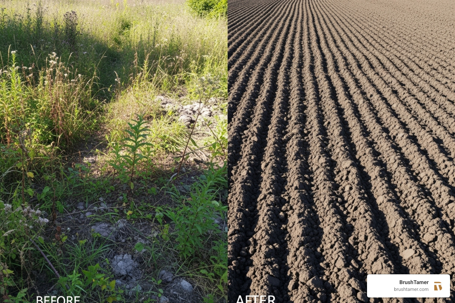 The striking before-and-after effect of a disc plow on a patch of rough, overgrown land, showing a smooth, tilled surface ready for cultivation - plow disc The striking before-and-after effect of a disc plow on a patch of rough, overgrown land, showing a smooth, tilled surface ready for cultivation - plow disc