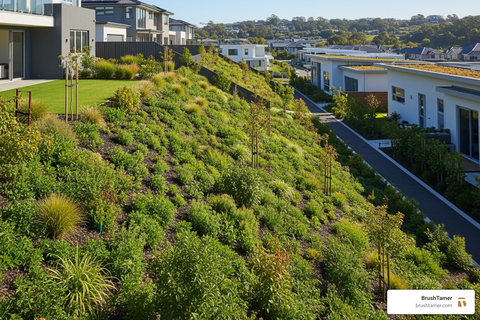 A thriving, vegetated slope providing effective erosion control next to a modern residential development, showcasing successful land stabilization. - erosion control services A thriving, vegetated slope providing effective erosion control next to a modern residential development, showcasing successful land stabilization. - erosion control services