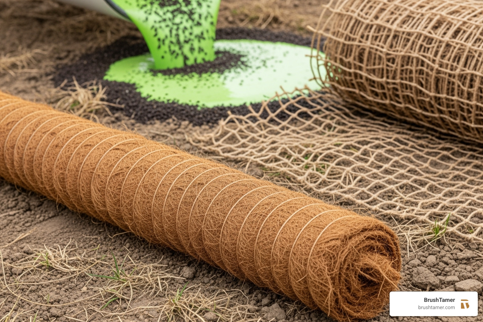 A diverse array of erosion control materials, including natural coir logs, woven jute netting, and a vibrant green hydroseed slurry, laid out for inspection. - erosion control services A diverse array of erosion control materials, including natural coir logs, woven jute netting, and a vibrant green hydroseed slurry, laid out for inspection. - erosion control services