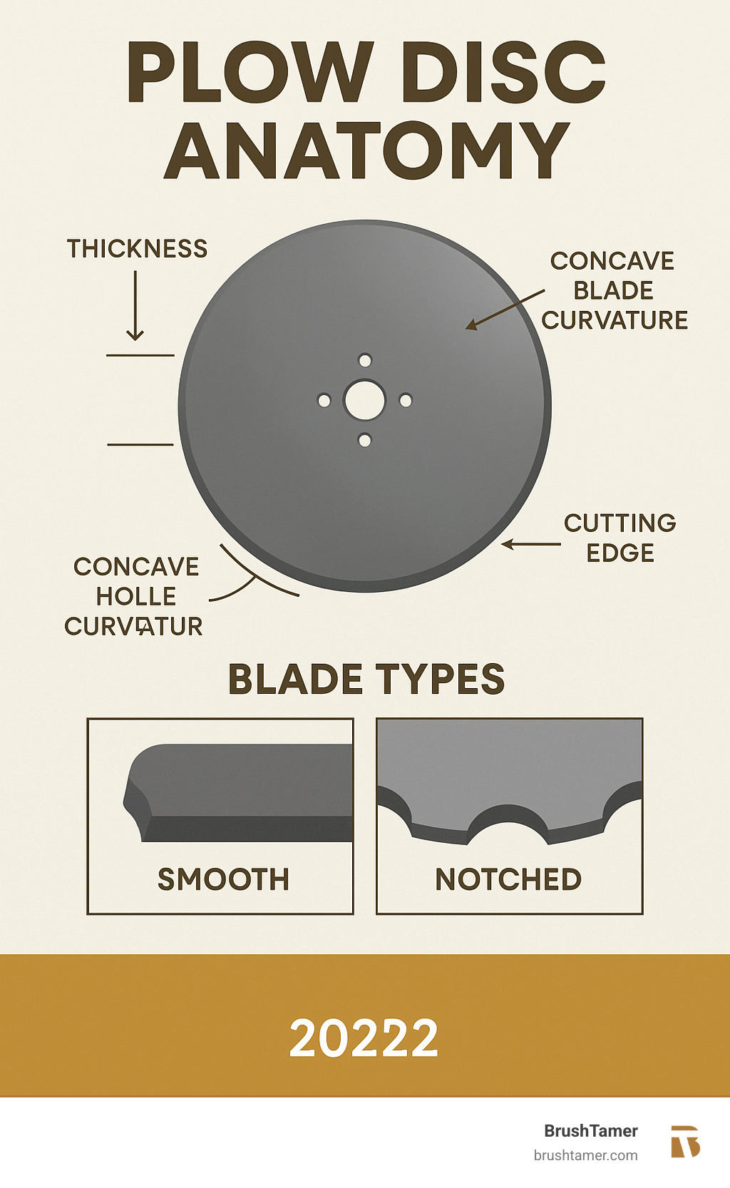 Detailed infographic showing plow disc anatomy with labeled parts including concave blade curvature, center mounting hole with bolt pattern, cutting edge design, and thickness measurements, plus comparison chart of smooth versus notched blade types - plow disc infographic  Detailed infographic showing plow disc anatomy with labeled parts including concave blade curvature, center mounting hole with bolt pattern, cutting edge design, and thickness measurements, plus comparison chart of smooth versus notched blade types - plow disc infographic