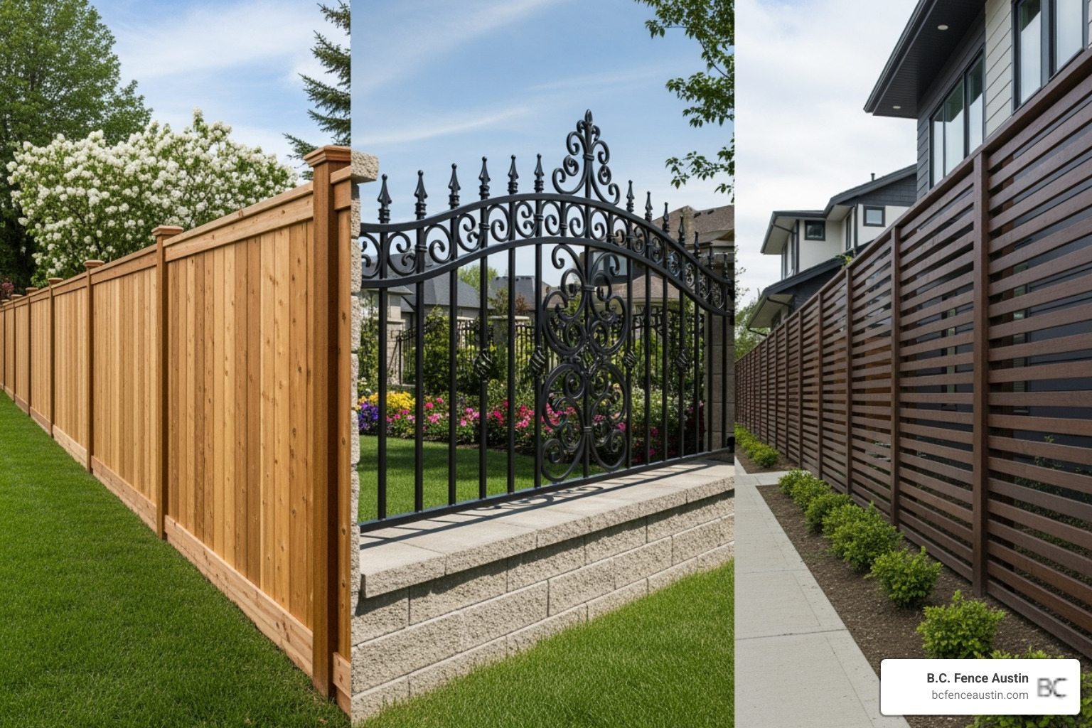 Various residential fence styles, including wood privacy fences, ornamental iron fences, and modern horizontal slat fences - residential fencing austin