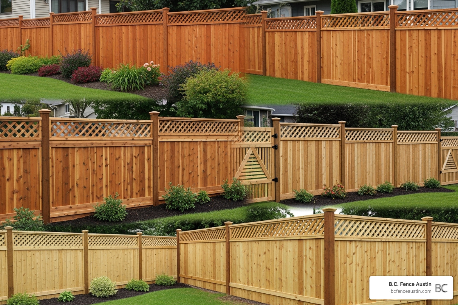 Different styles of wood fences, including cedar and pine, showcasing custom designs for residential properties - residential fence construction austin tx