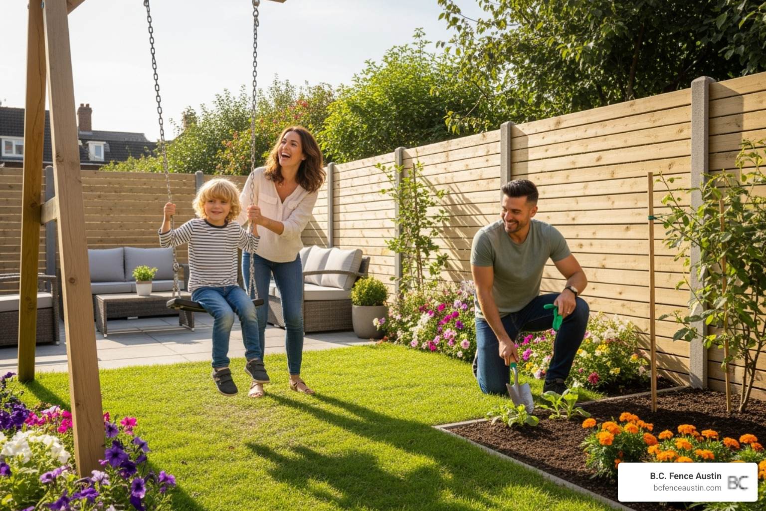 Family enjoying their private backyard within a newly installed residential fence - residential fence construction austin tx