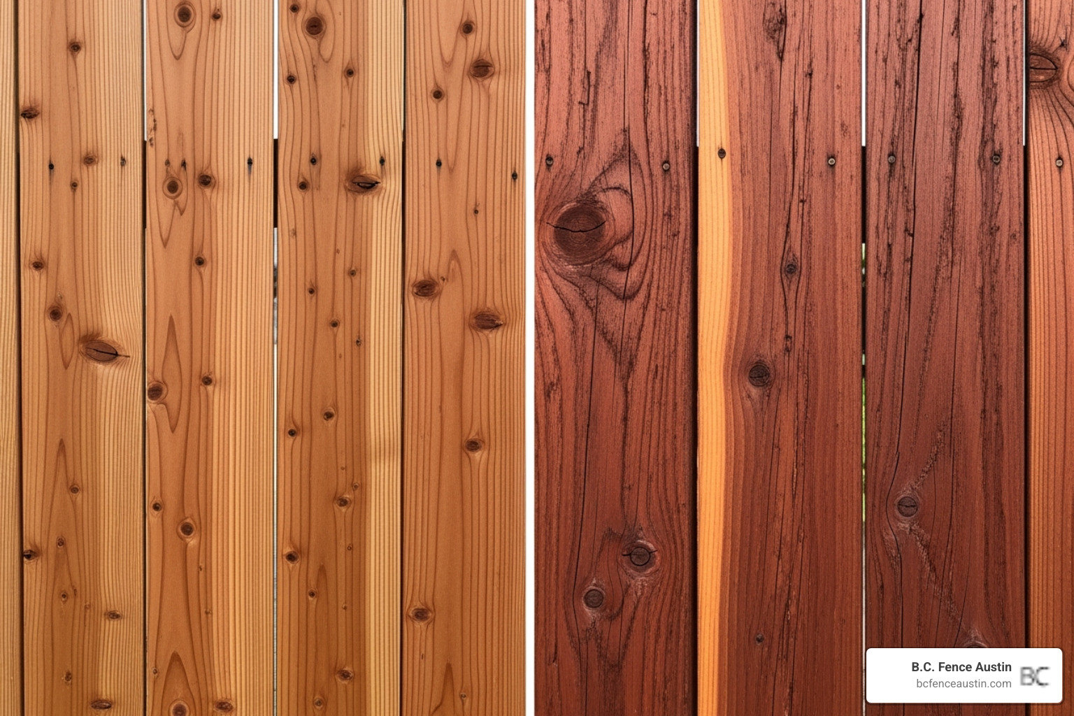 side-by-side comparison of cedar and redwood fence panels, highlighting their distinct colors and grain patterns - cedar vs redwood fence