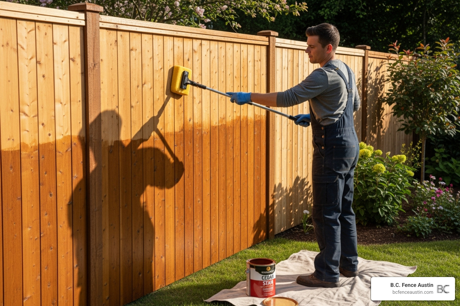 homeowner staining a beautiful cedar fence - cedar vs redwood fence