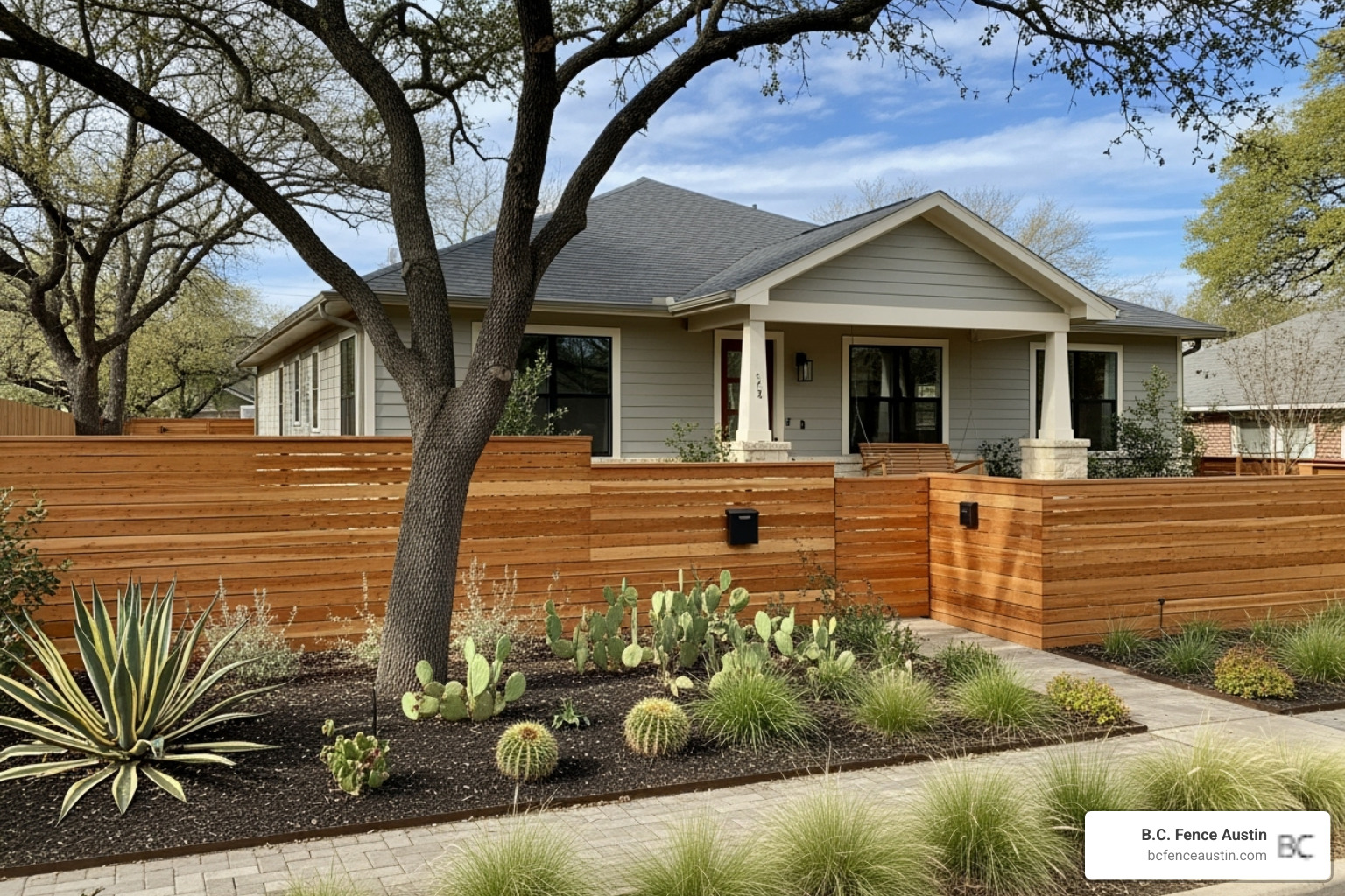 beautiful home in Austin with a newly installed wood fence, enhancing its curb appeal - cedar vs redwood fence