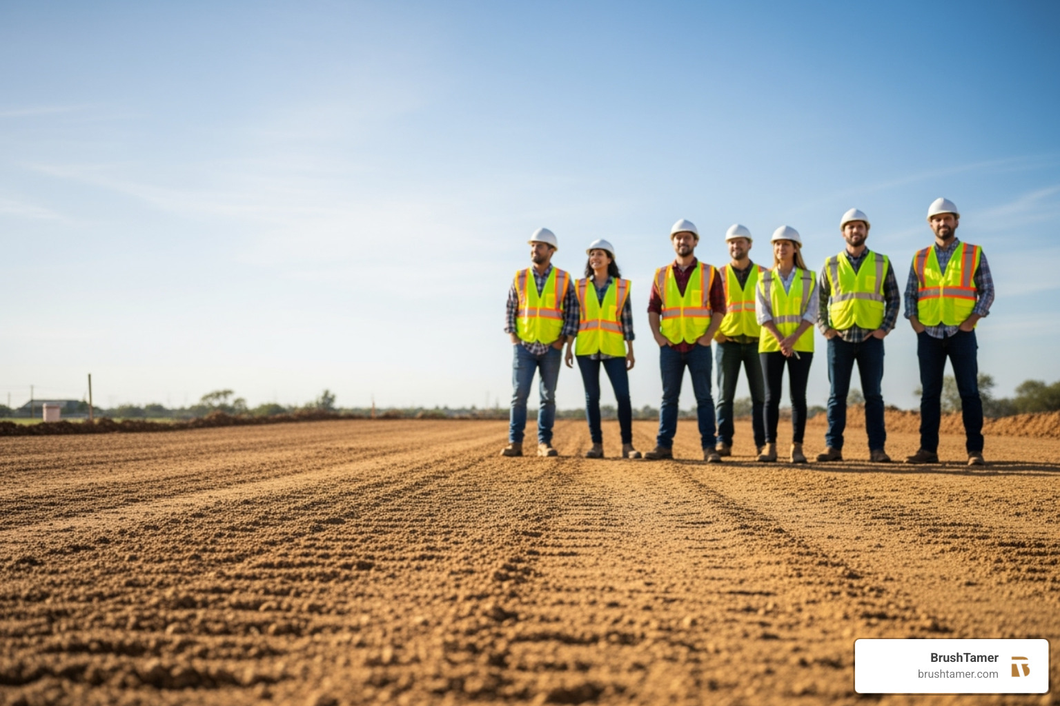 a newly graded lot ready for foundation work, showing flat, even ground with optimistic workers in the background - lot clearing cost per acre a newly graded lot ready for foundation work, showing flat, even ground with optimistic workers in the background - lot clearing cost per acre