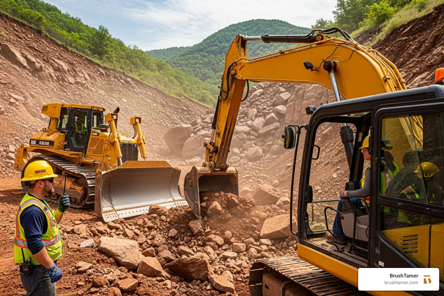 a steep, rocky lot being cleared by heavy machinery, showing positive, determined workers and a vibrant landscape - lot clearing cost per acre a steep, rocky lot being cleared by heavy machinery, showing positive, determined workers and a vibrant landscape - lot clearing cost per acre