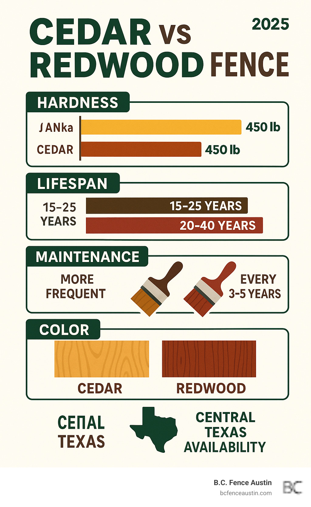 Comprehensive comparison chart showing cedar vs redwood fence characteristics including Janka hardness ratings, typical lifespans, maintenance schedules, color variations, and regional availability in Central Texas - cedar vs redwood fence infographic 