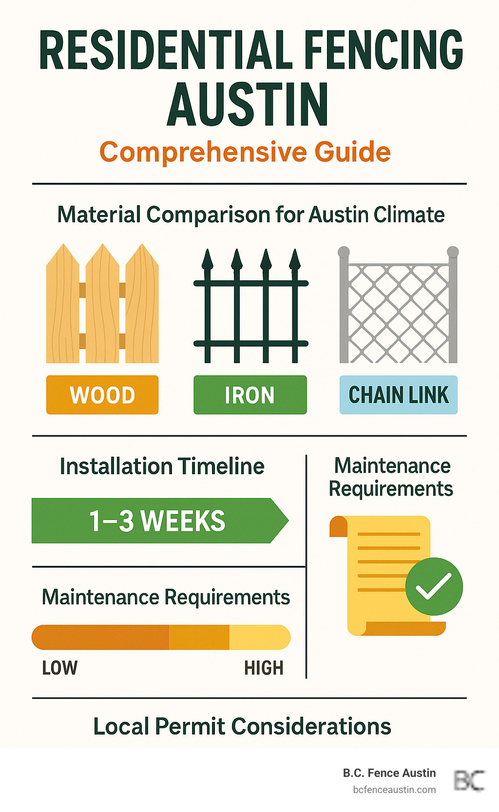 Comprehensive guide showing residential fencing material comparison for Austin climate, installation timeline, maintenance requirements, and local permit considerations - residential fencing austin infographic 
