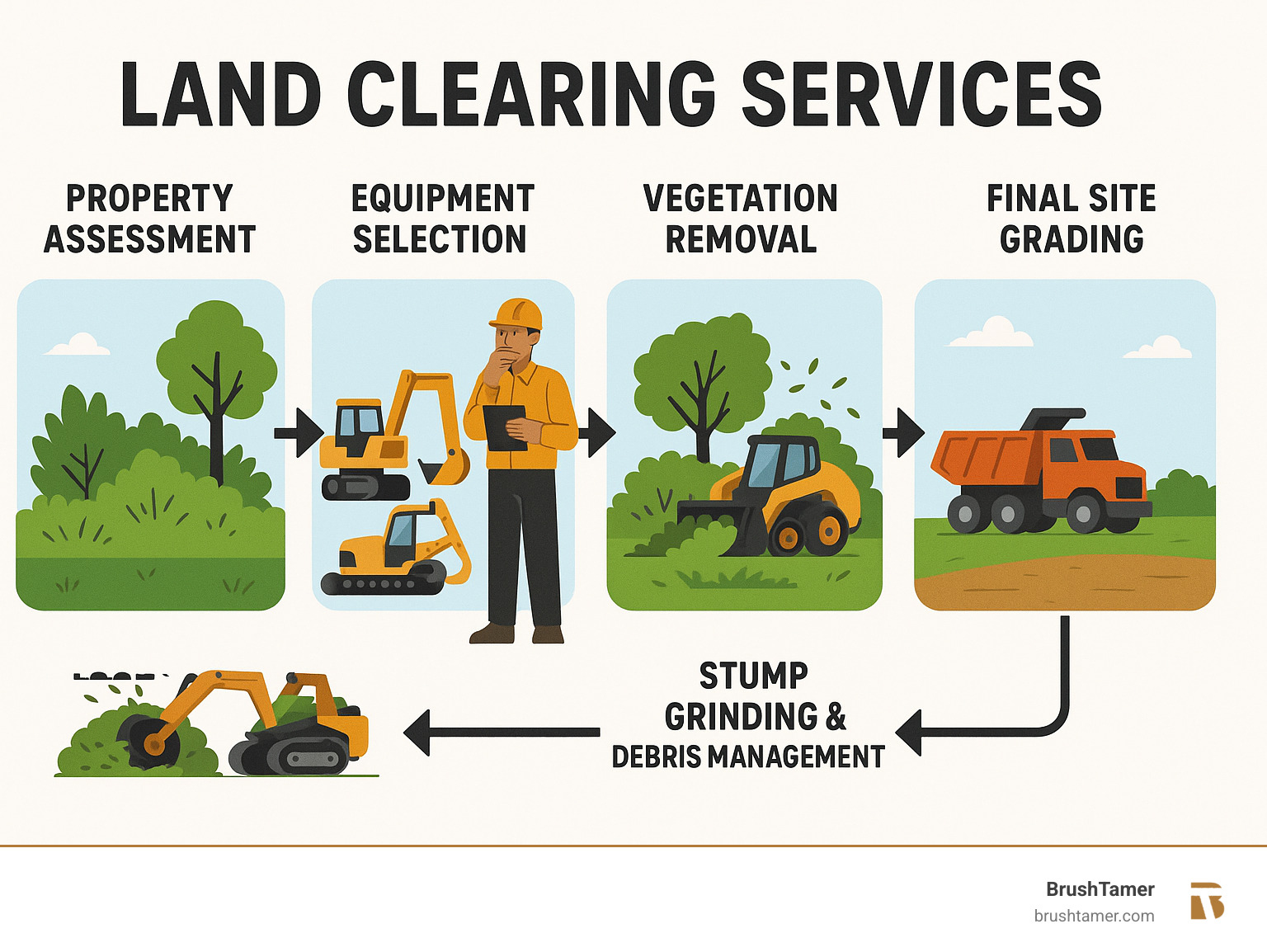 Comprehensive infographic showing the complete land clearing process from initial overgrown property assessment through equipment selection, vegetation removal, stump grinding, debris management, and final site grading resulting in construction-ready cleared land - Land clearing services infographic 