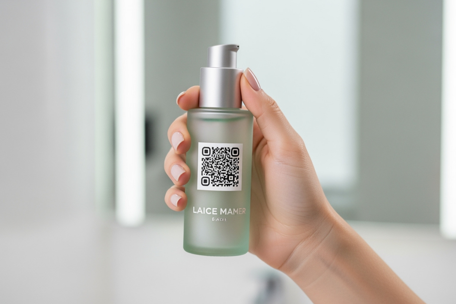 A hand holding a stylish, sleek beauty product bottle with a QR code prominently displayed, suggesting smart packaging for transparency. - sustainable packaging for beauty products