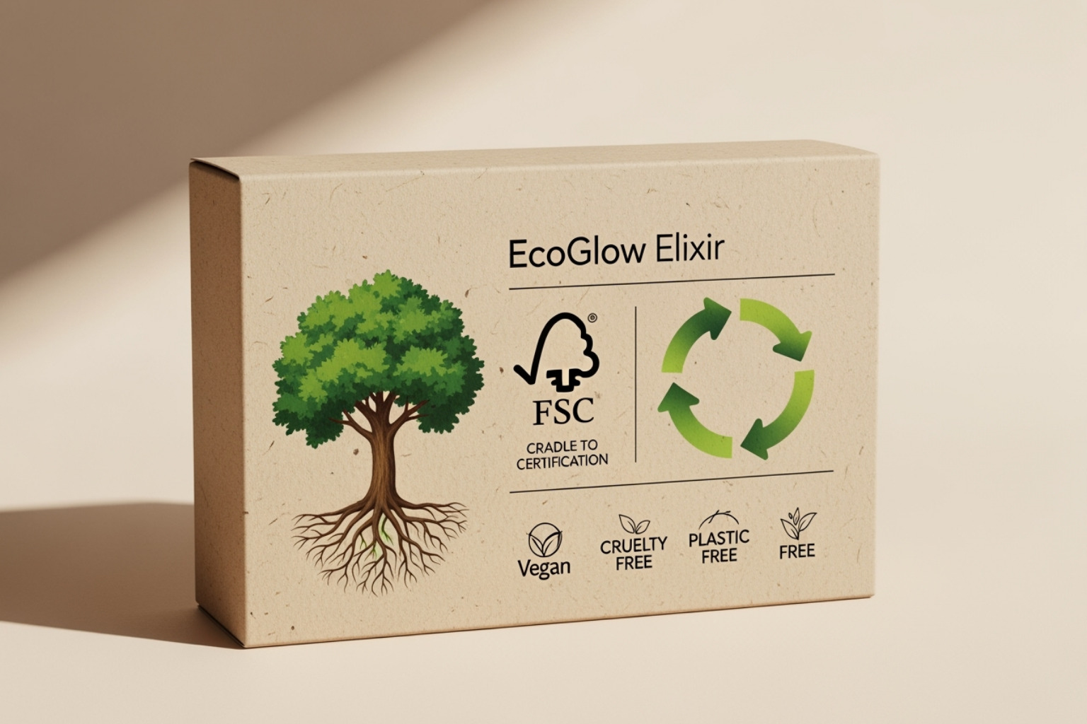 A product box displaying various sustainability certification logos, including FSC and Cradle to Cradle, emphasizing transparency and eco-commitment. - sustainable packaging for beauty products