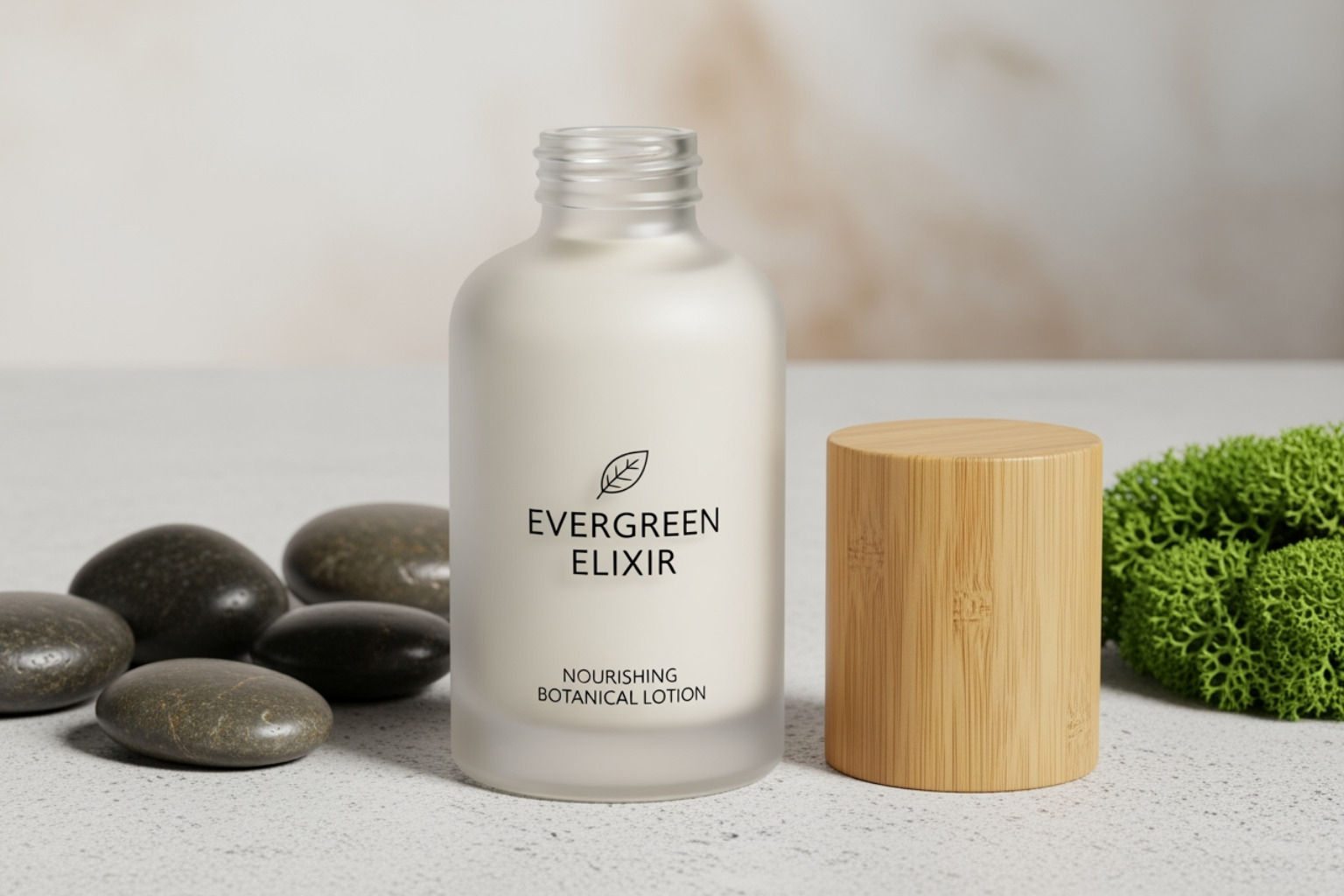 A sleek, minimalist beauty product bottle crafted from frosted glass, paired with a bamboo cap, showcasing neat and sustainable design. - sustainable packaging for beauty products