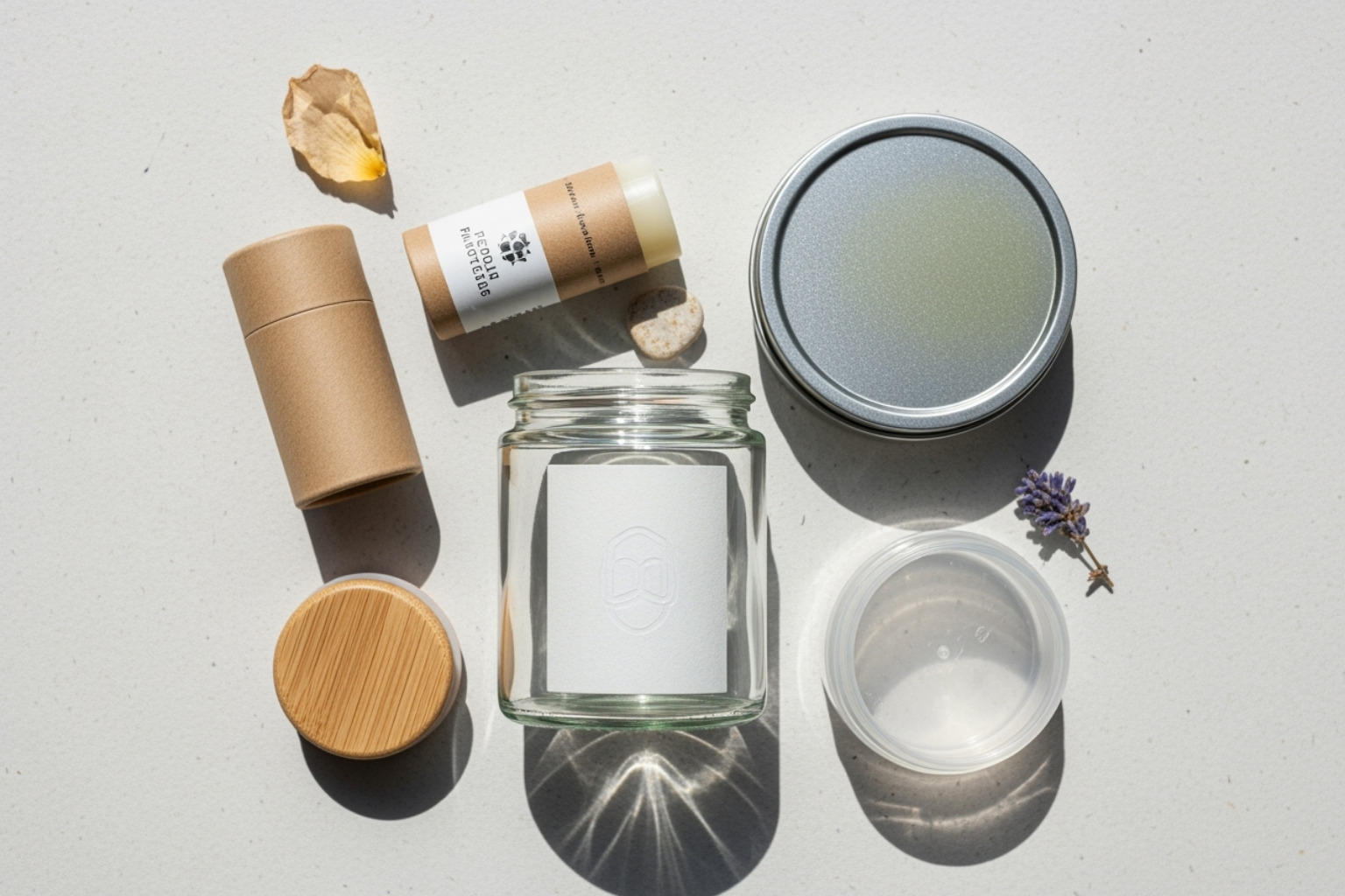 An aesthetically arranged flat lay featuring various sustainable packaging materials for beauty products: a glass jar, an aluminum tin, a bamboo cap, a paperboard tube, and a small, clear container made from plant-based plastic. - sustainable packaging for beauty products