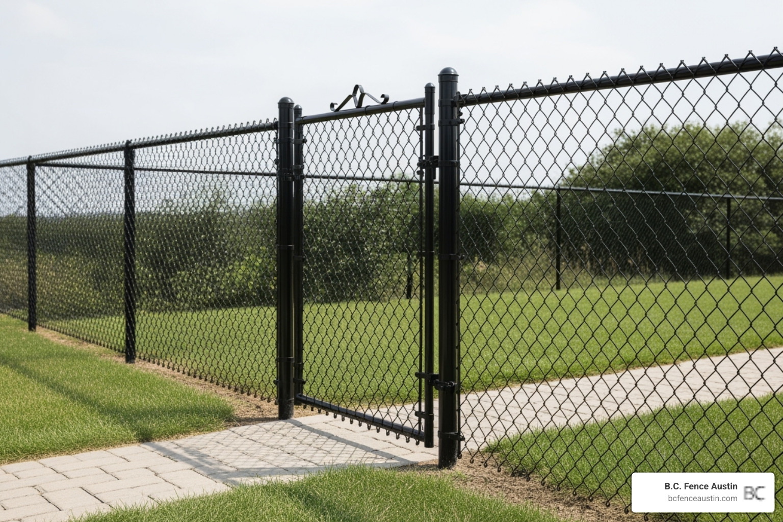 complete black chain link fence system including a matching gate and posts - Chain link fence color options