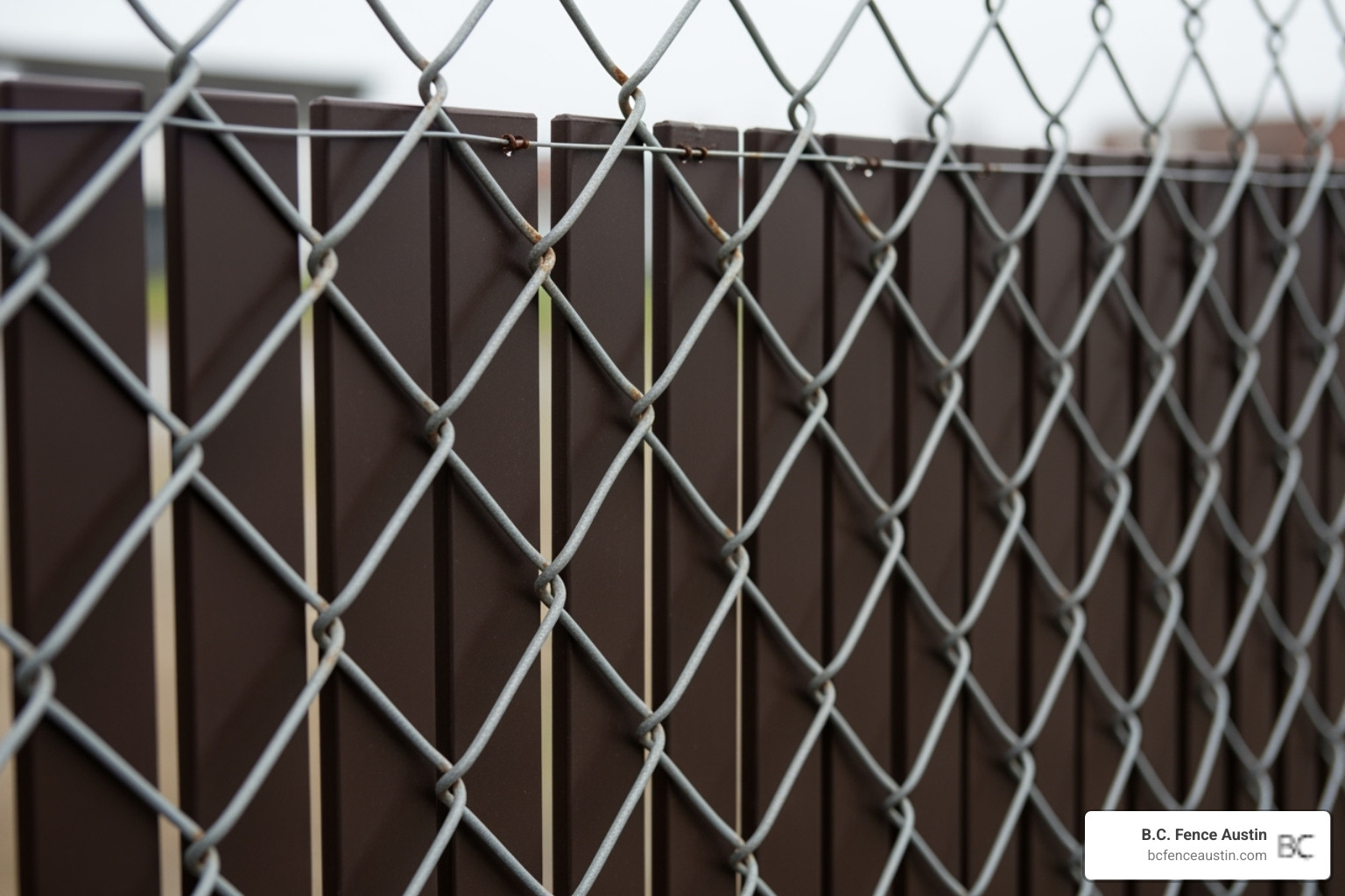chain link fence with dark brown privacy slats installed - Chain link fence color options
