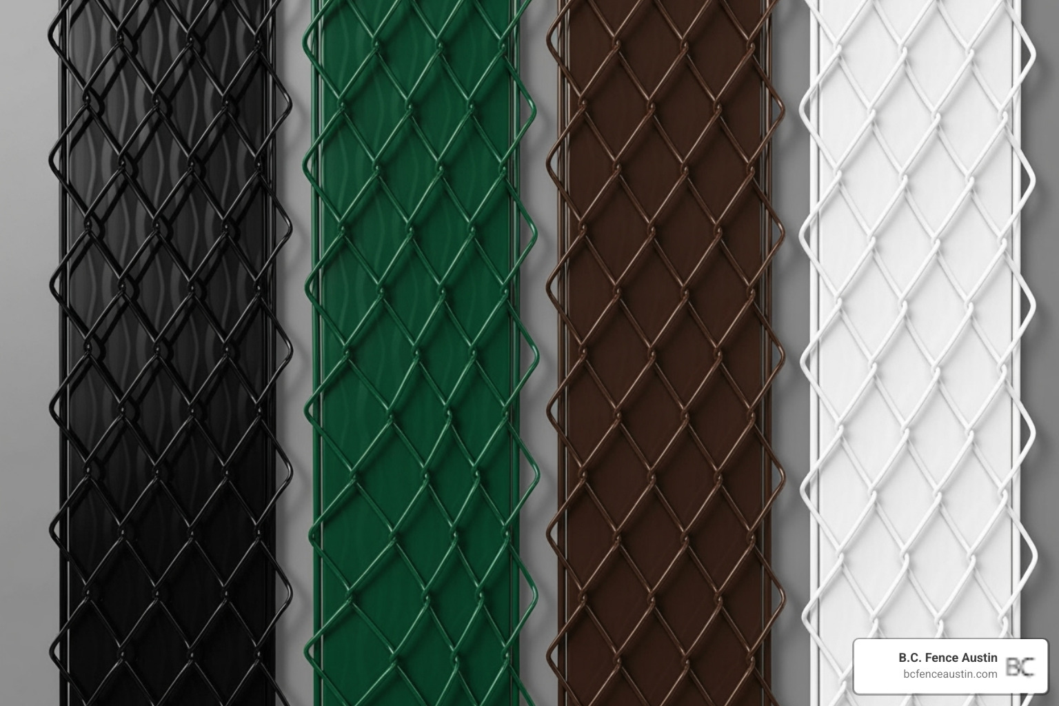 color swatch showing black, green, brown, and white fence options - Chain link fence color options