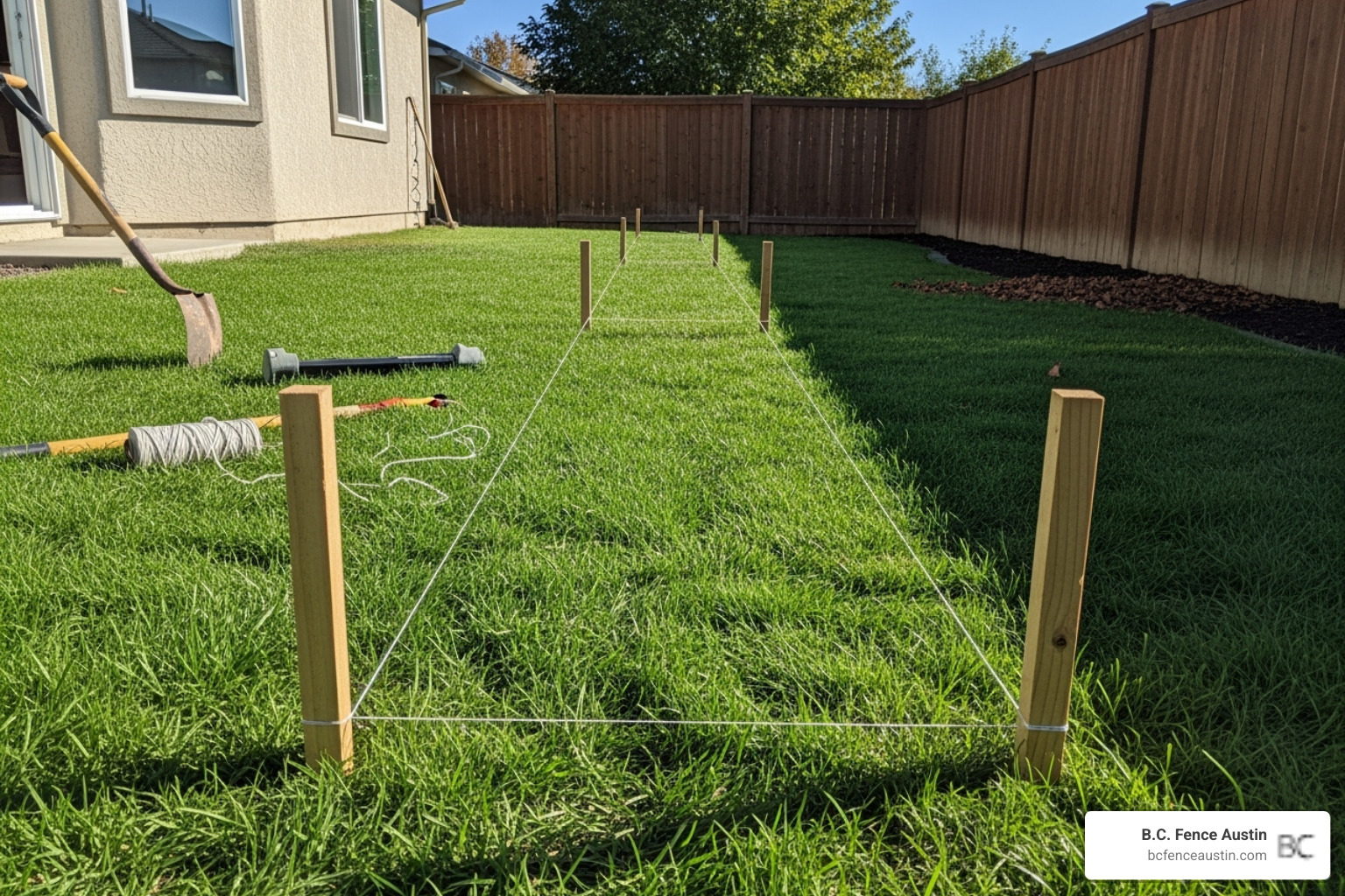 a yard with a string line and stakes marking the future fence line - decorative cattle panel fence