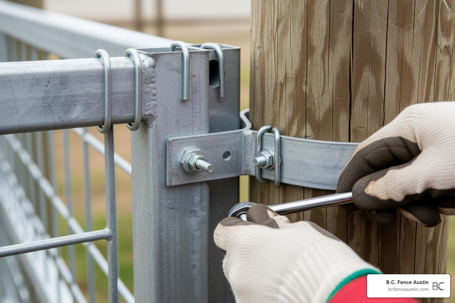 a person attaching a cattle panel to a wooden post with U-clips - decorative cattle panel fence