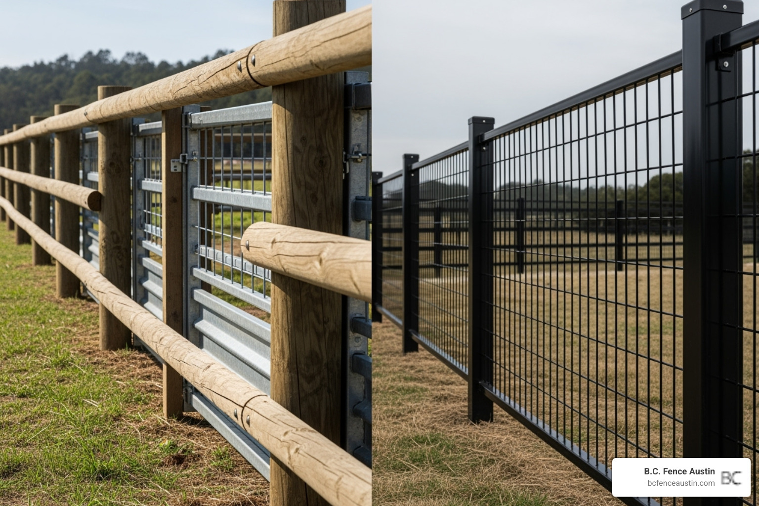 side-by-side comparison of a rustic farmhouse fence and a sleek modern fence using cattle panels - decorative cattle panel fence