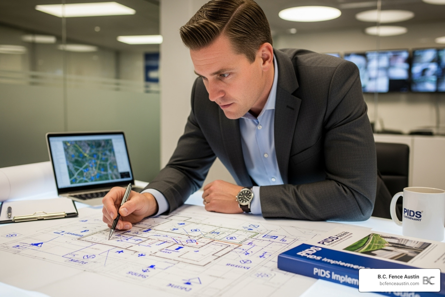 of a security professional planning a PIDS layout on a blueprint - perimeter intrusion detection systems