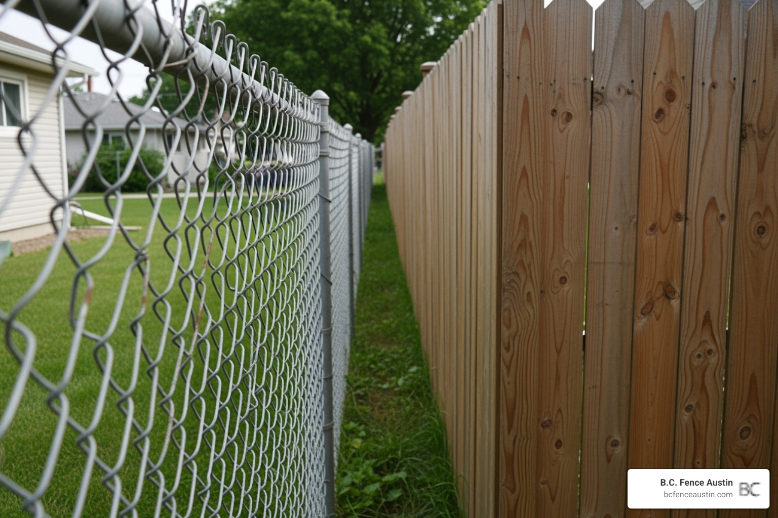 showing a chain link fence next to a wooden privacy fence on a property line - Chain link fence cost per foot