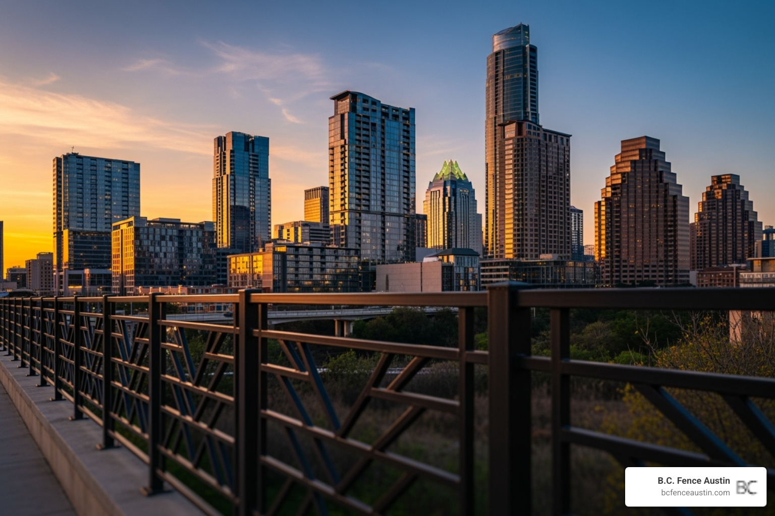 Austin skyline with a stylish fence in the foreground - iron fence options