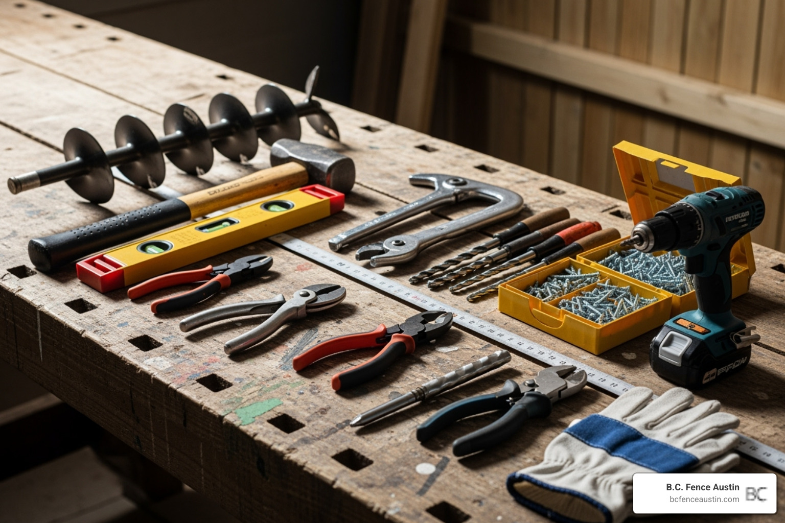Tools for fence installation laid out neatly - barbed wire fencing