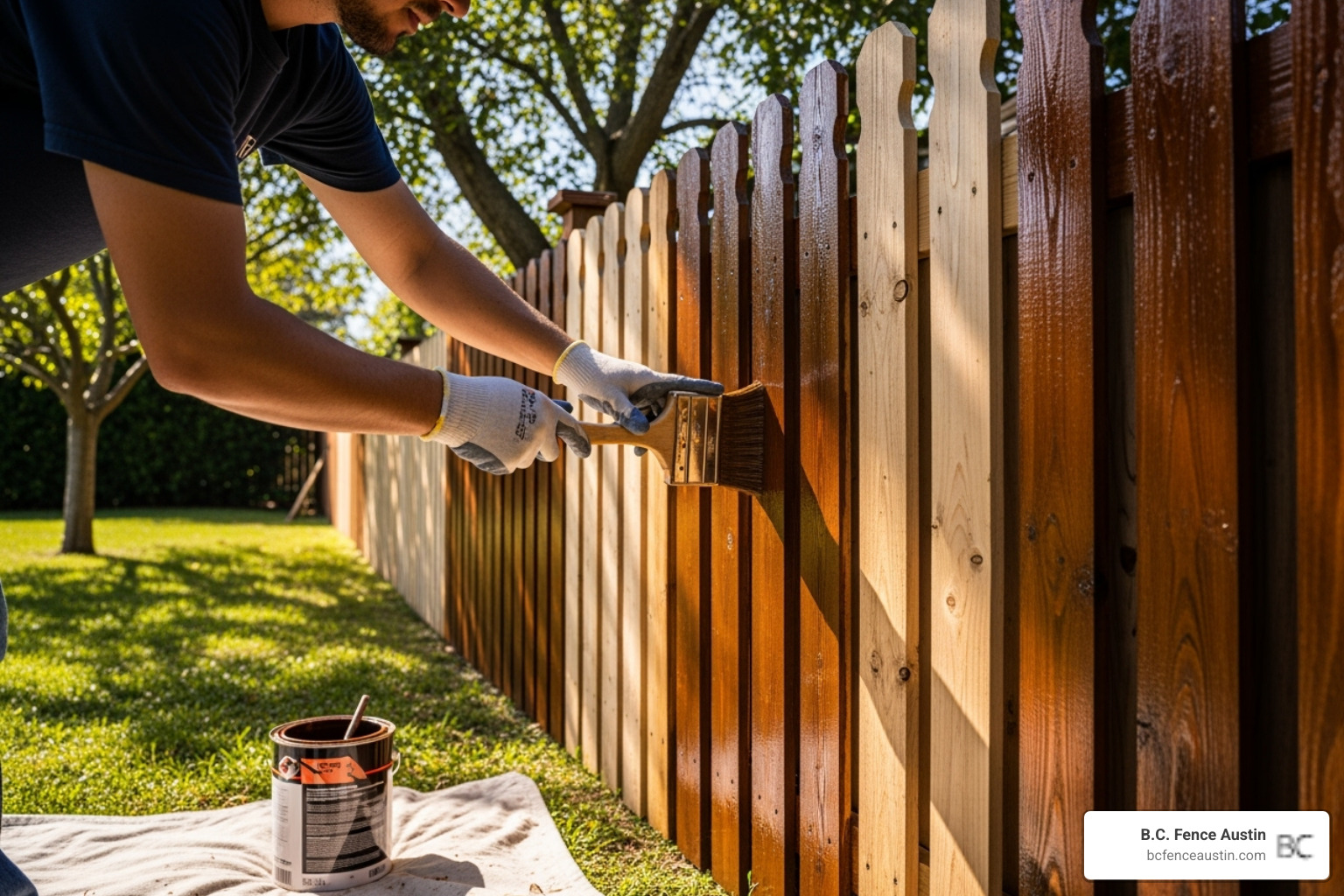 fence being stained for protection - fence installation round rock