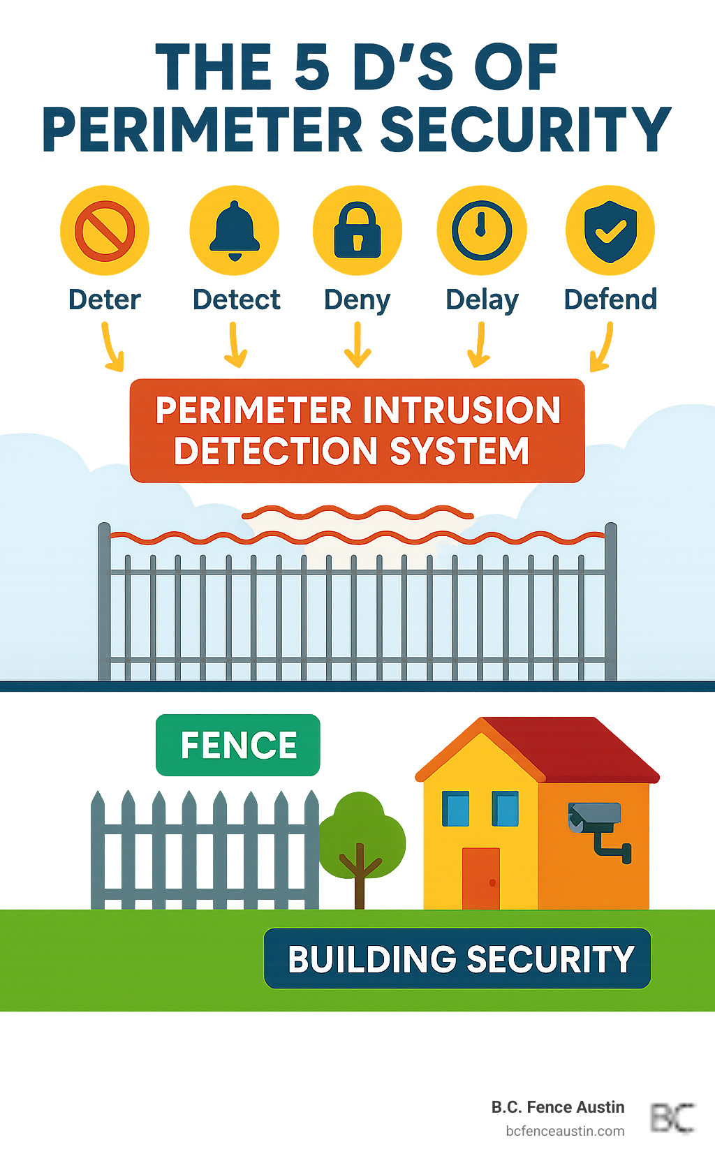 Detailed infographic showing layered perimeter security with PIDS as the outermost detection layer, followed by physical barriers like fences, then building-level security systems, illustrating the 5 D's of security (Deter, Detect, Deny, Delay, Defend) with icons and arrows showing how each layer works together - perimeter intrusion detection systems infographic 