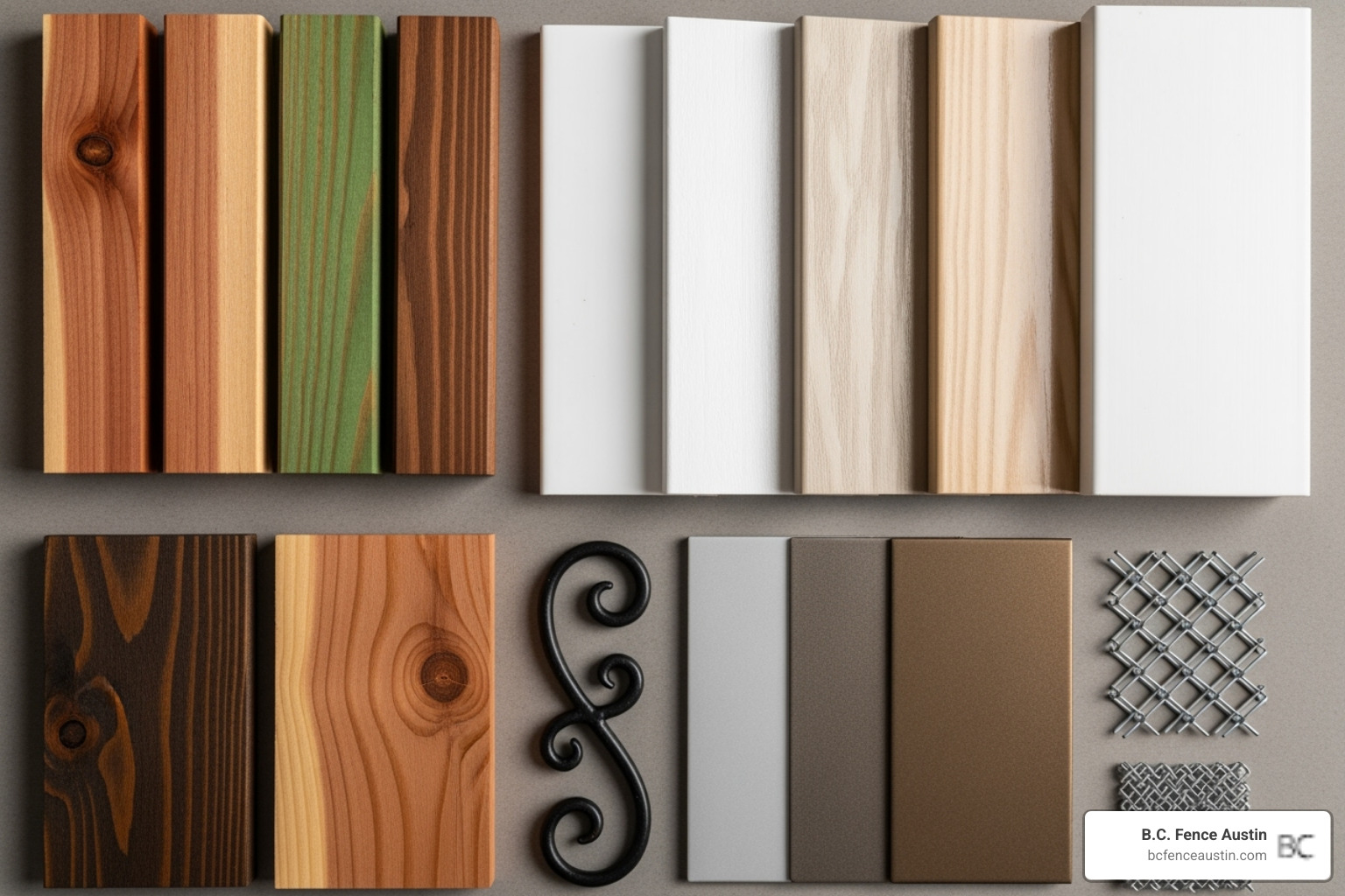 material swatch showing wood, vinyl, and metal options - fence installation round rock