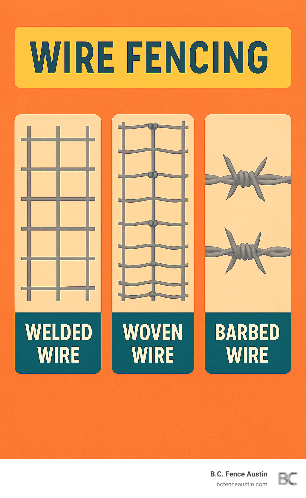 Infographic showing the visual differences between welded wire mesh with square grid pattern, woven wire fence with wrapped intersections and graduated mesh openings, and barbed wire with sharp barbs spaced along smooth wire strands - wire fencing infographic 