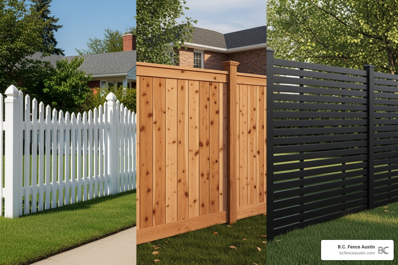 different fence styles like picket, privacy, and horizontal slat - austin residential fence contractor