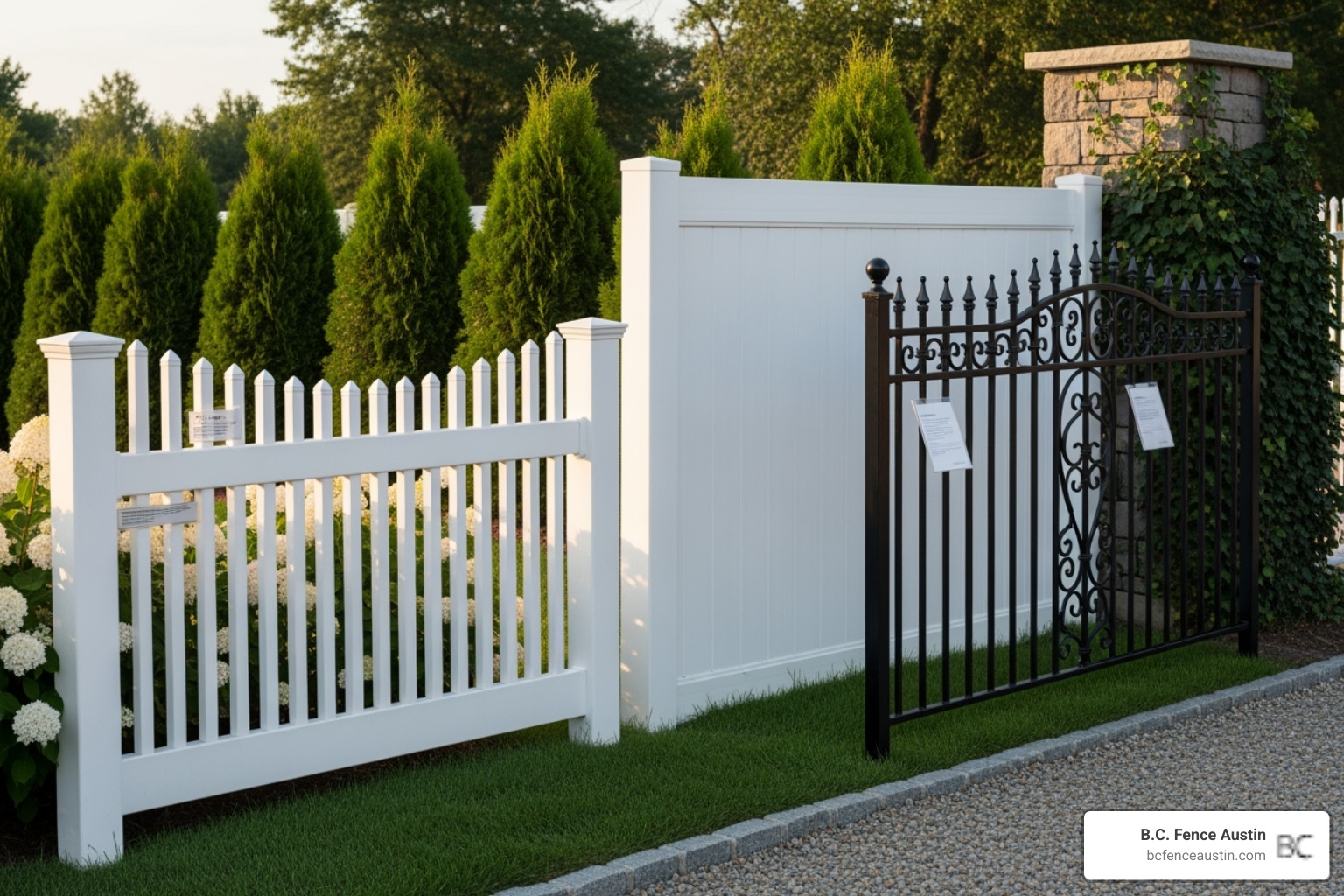 gallery showcasing wood, vinyl, and ornamental iron fences - austin residential fence contractor