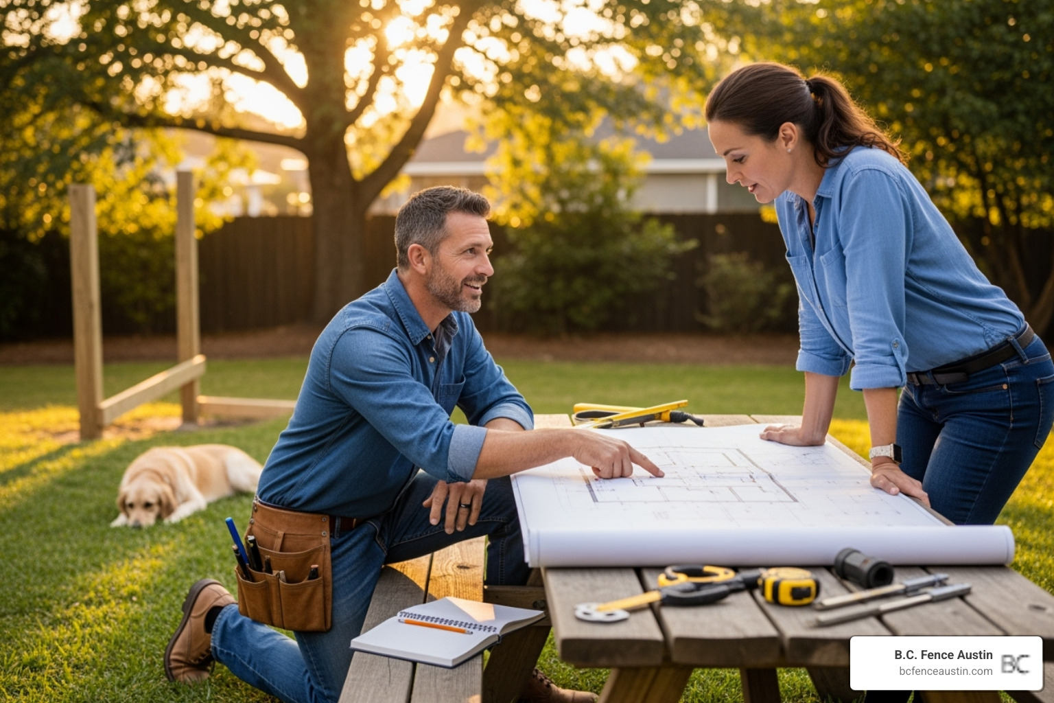 contractor discussing plans with a homeowner - austin residential fence contractor
